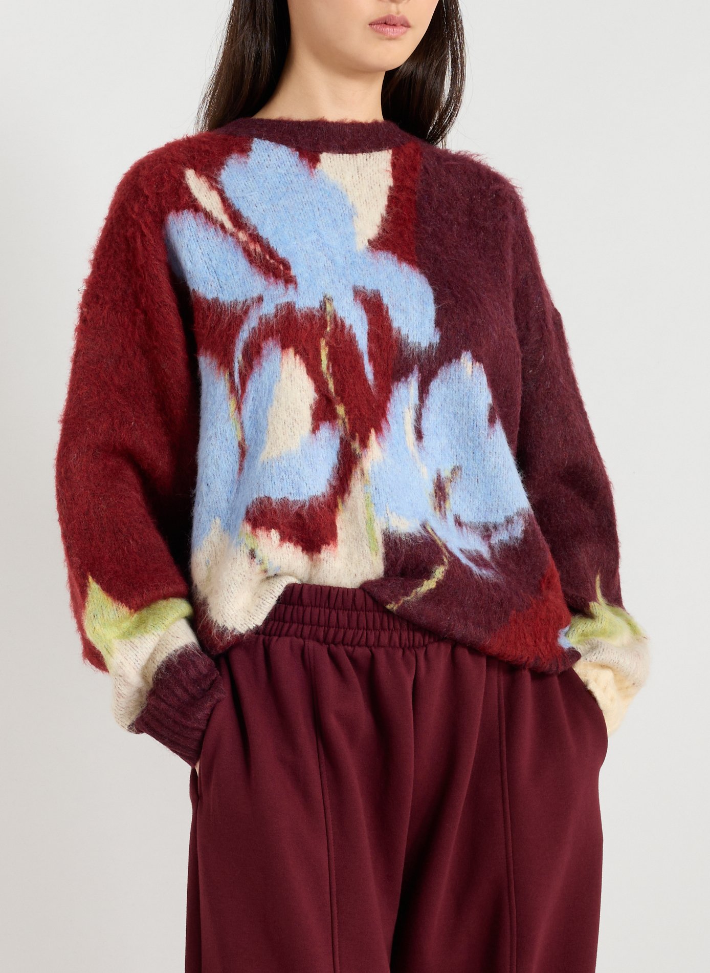 TOPSHOP Pull ample fleuri à col rond Rouge