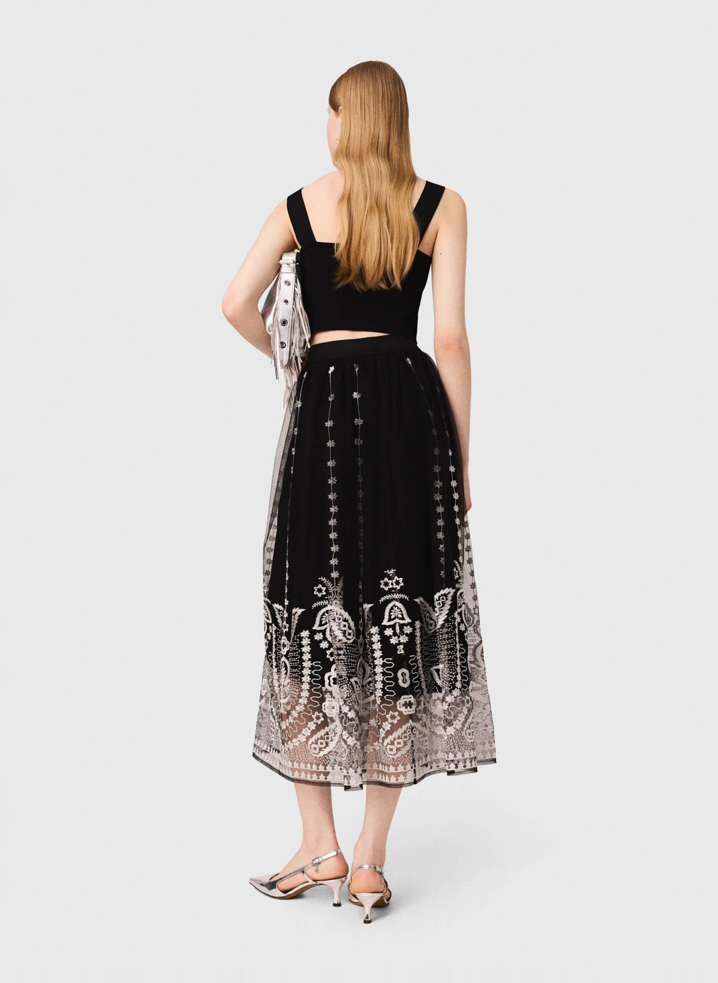 Jupe midi en tulle brodé MAJE Noir