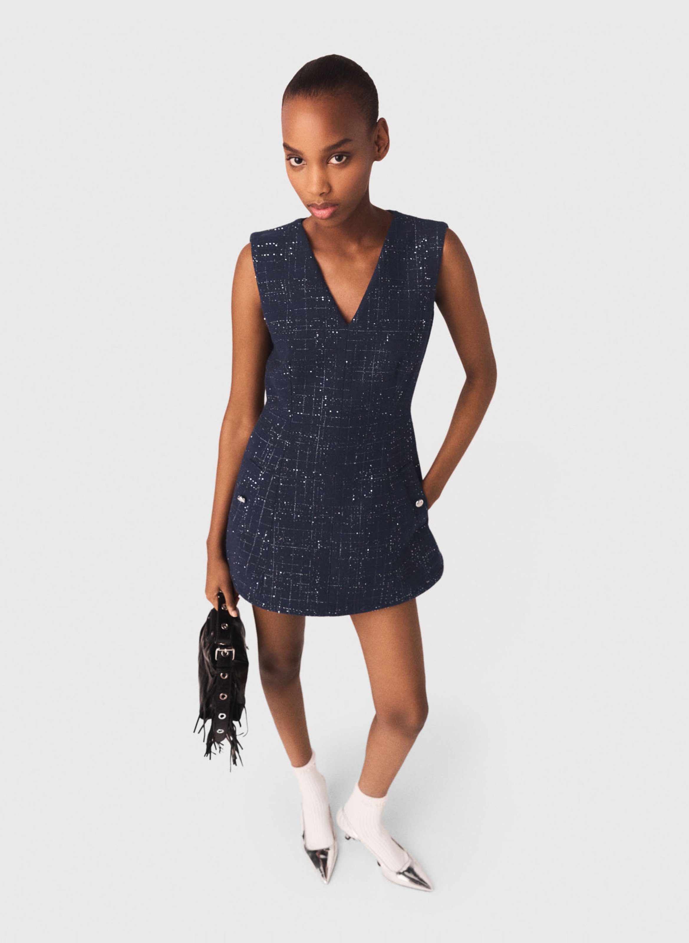 Combinaison col v en tweed MAJE Bleu