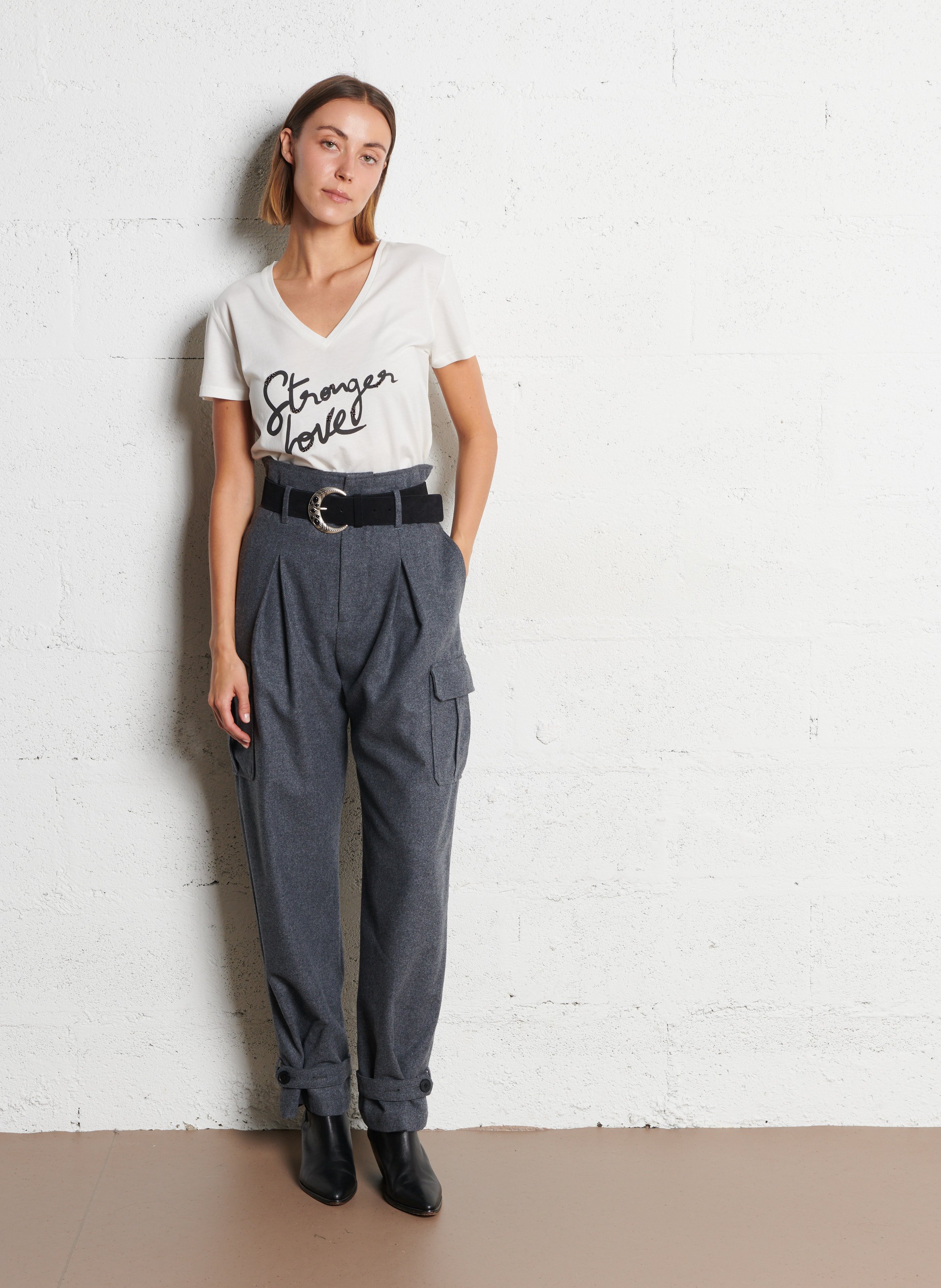 Tee-shirt col v en coton mélangé IKKS Blanc