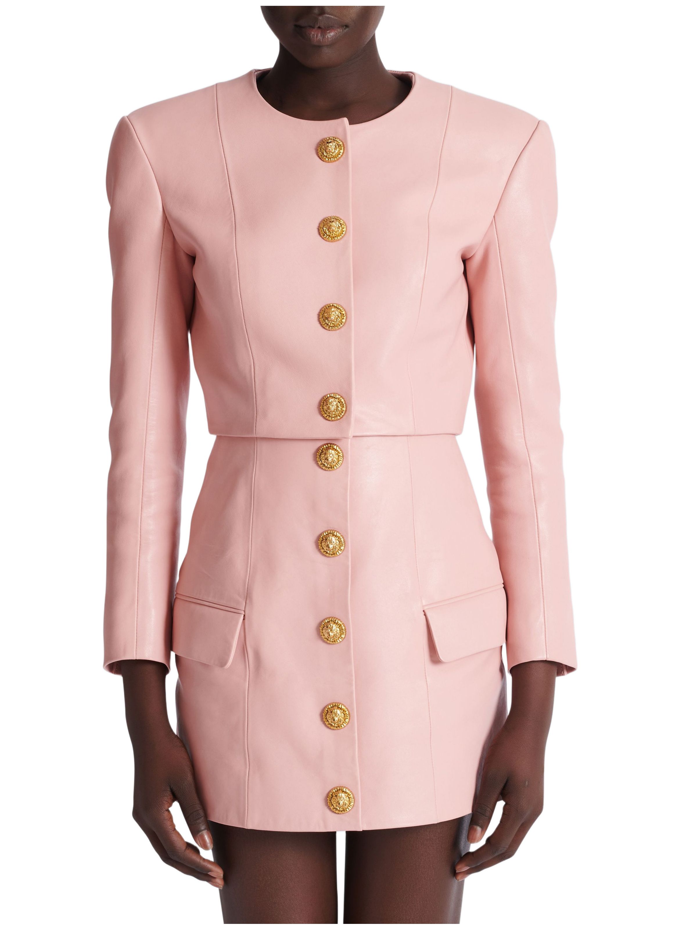 Veste courte en cuir d’agneau BALMAIN Rose