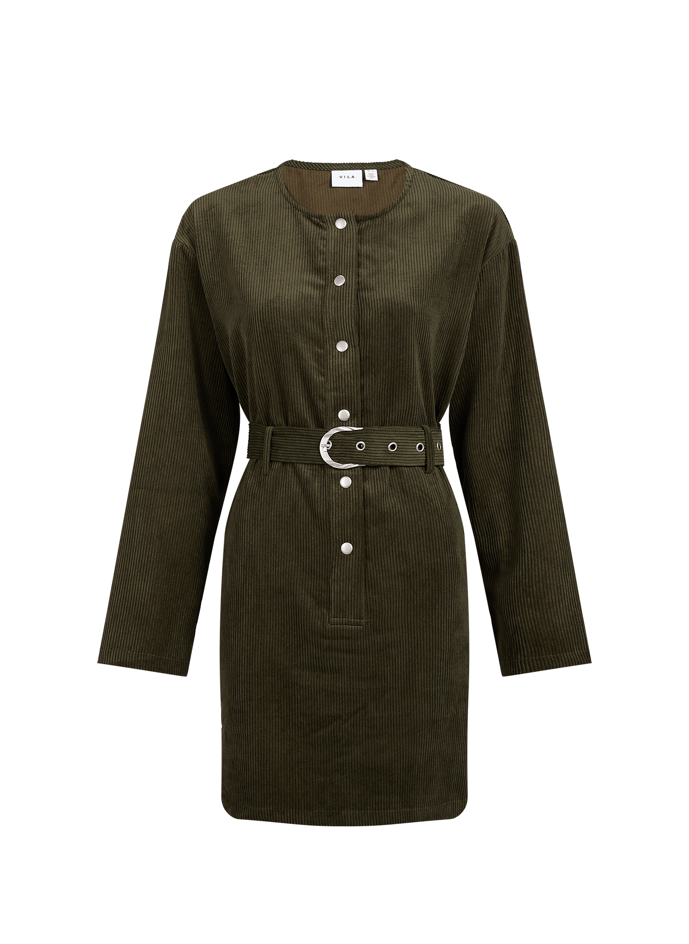 Short round-neck corduroy dress VILA Khaki