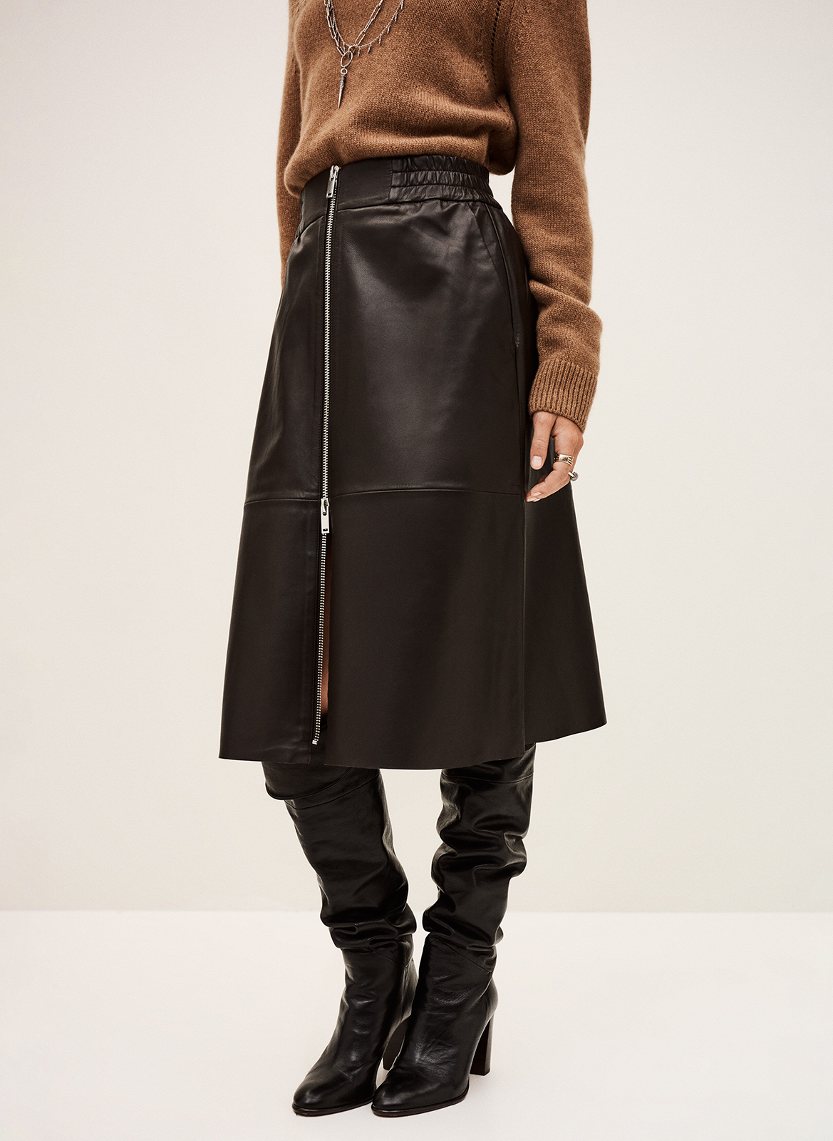 BA&SH Jupe midi en cuir pona Marron