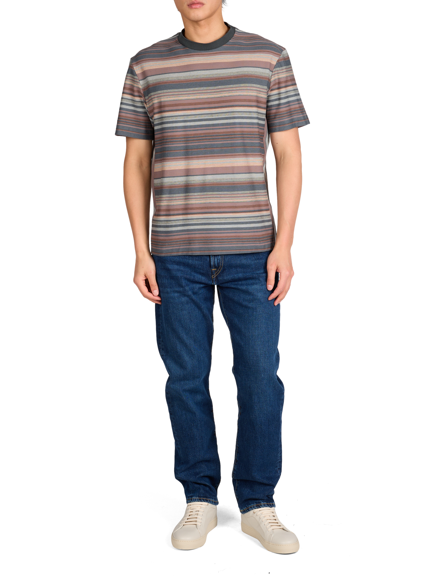 Straight Striped Short-Sleeve Cotton Blend T-Shirt Grey