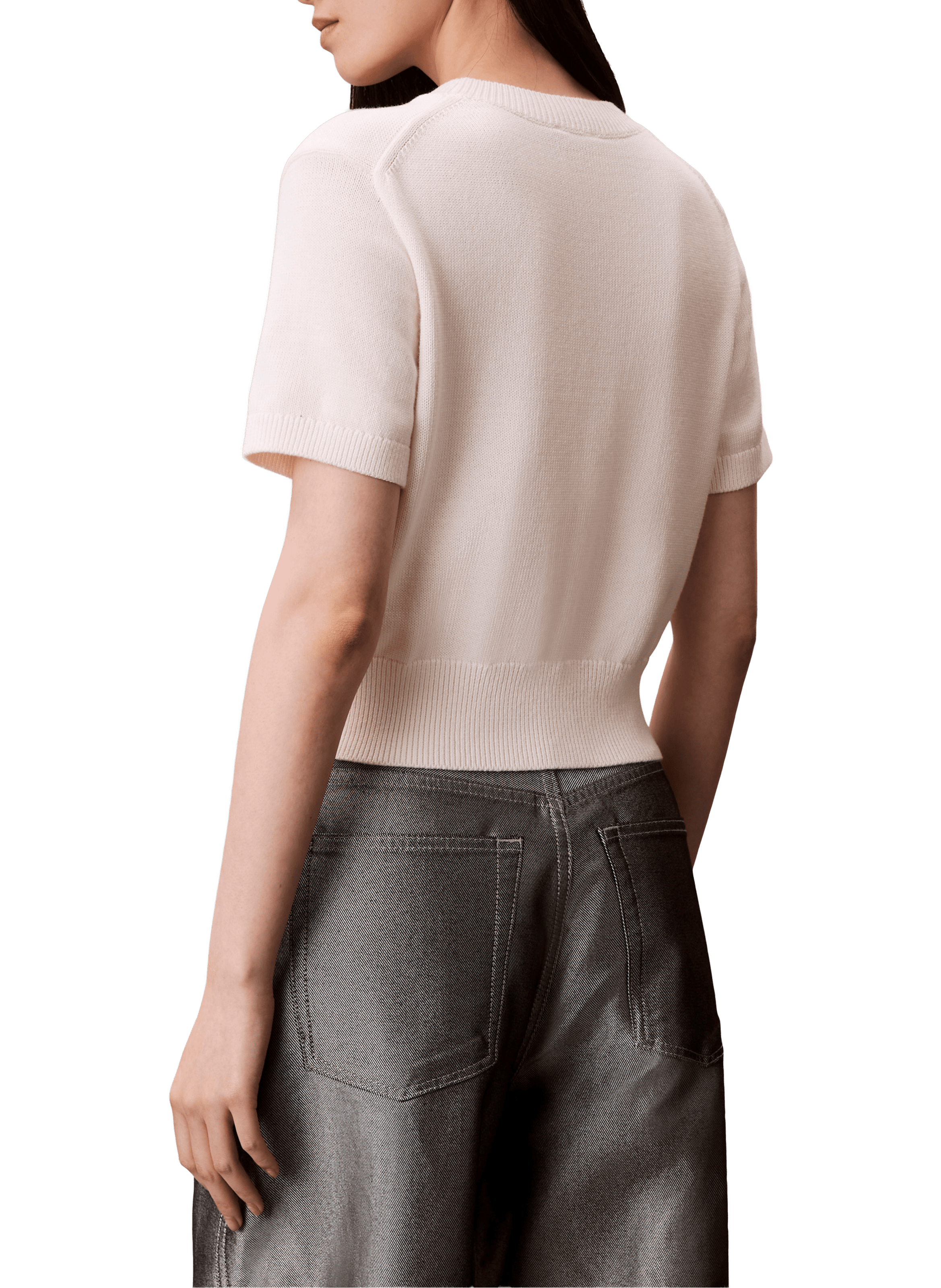 Pull manches courtes à logo en coton CALVIN KLEIN Beige