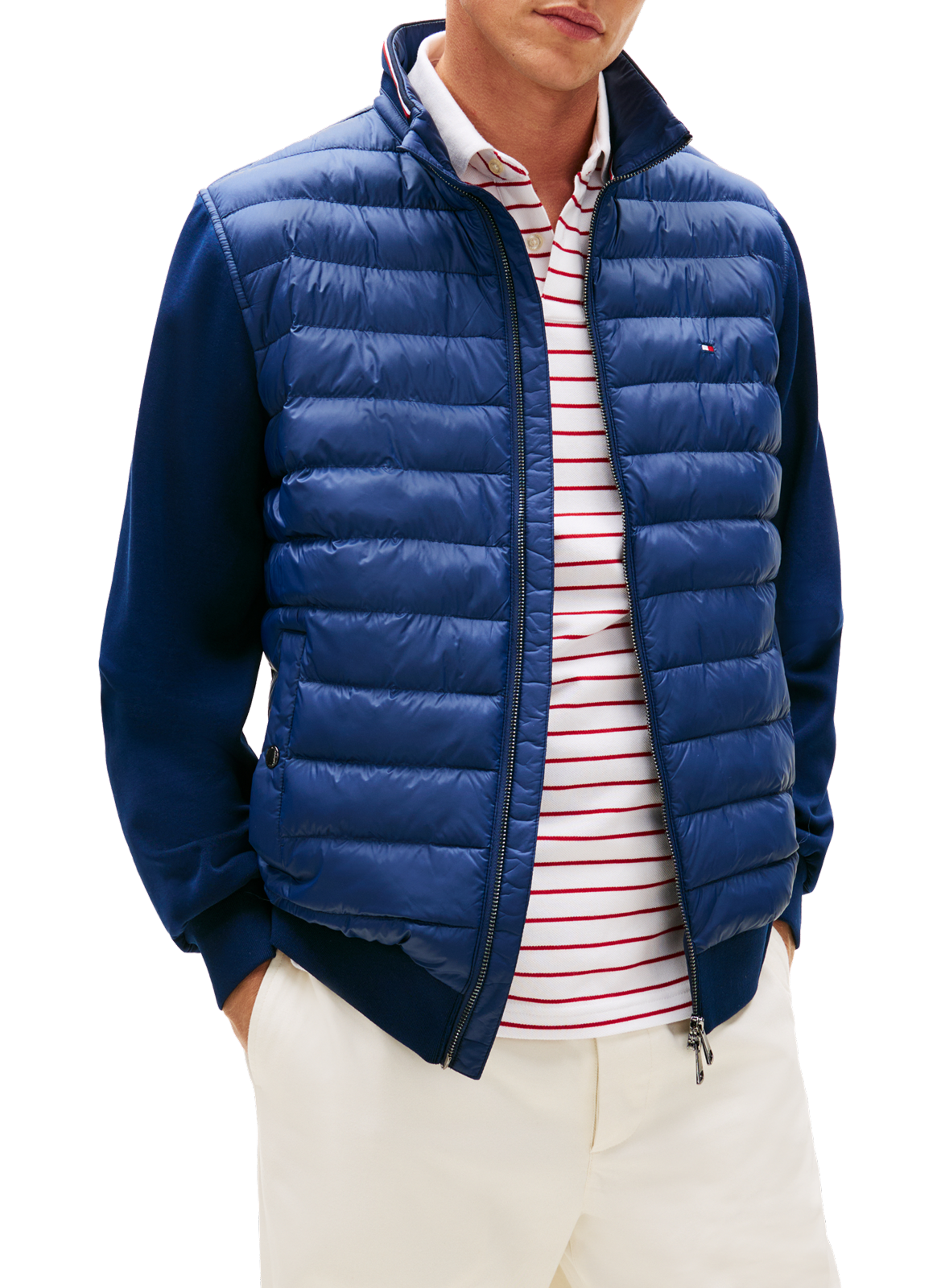 Multitexture zip-up jacket with trim in blended cotton TOMMY HILFIGER Blue