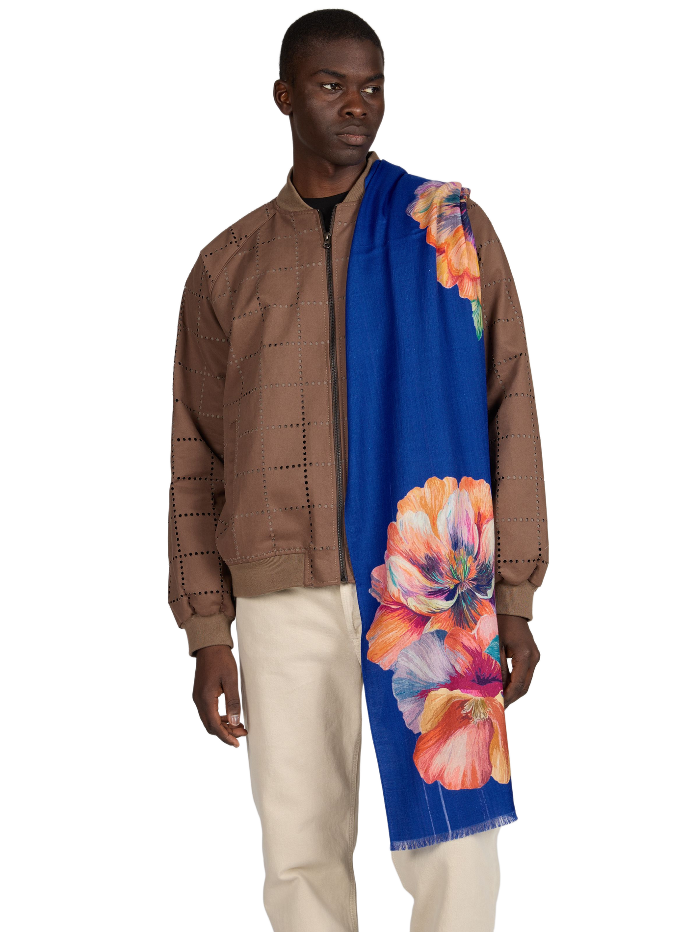 Foulard Icône à fleurs en laine et soie PETRUSSE Bleu