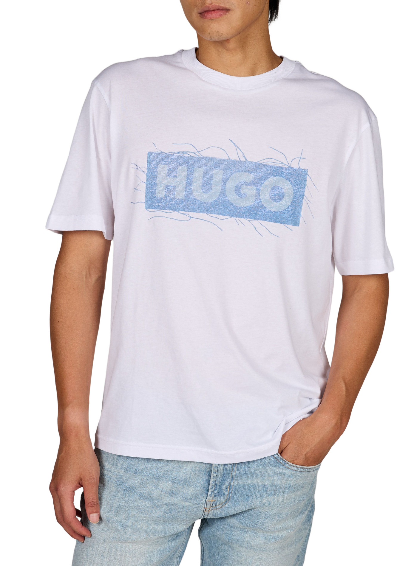 Straight fit round neck printed cotton T-shirt HUGO BLUE White