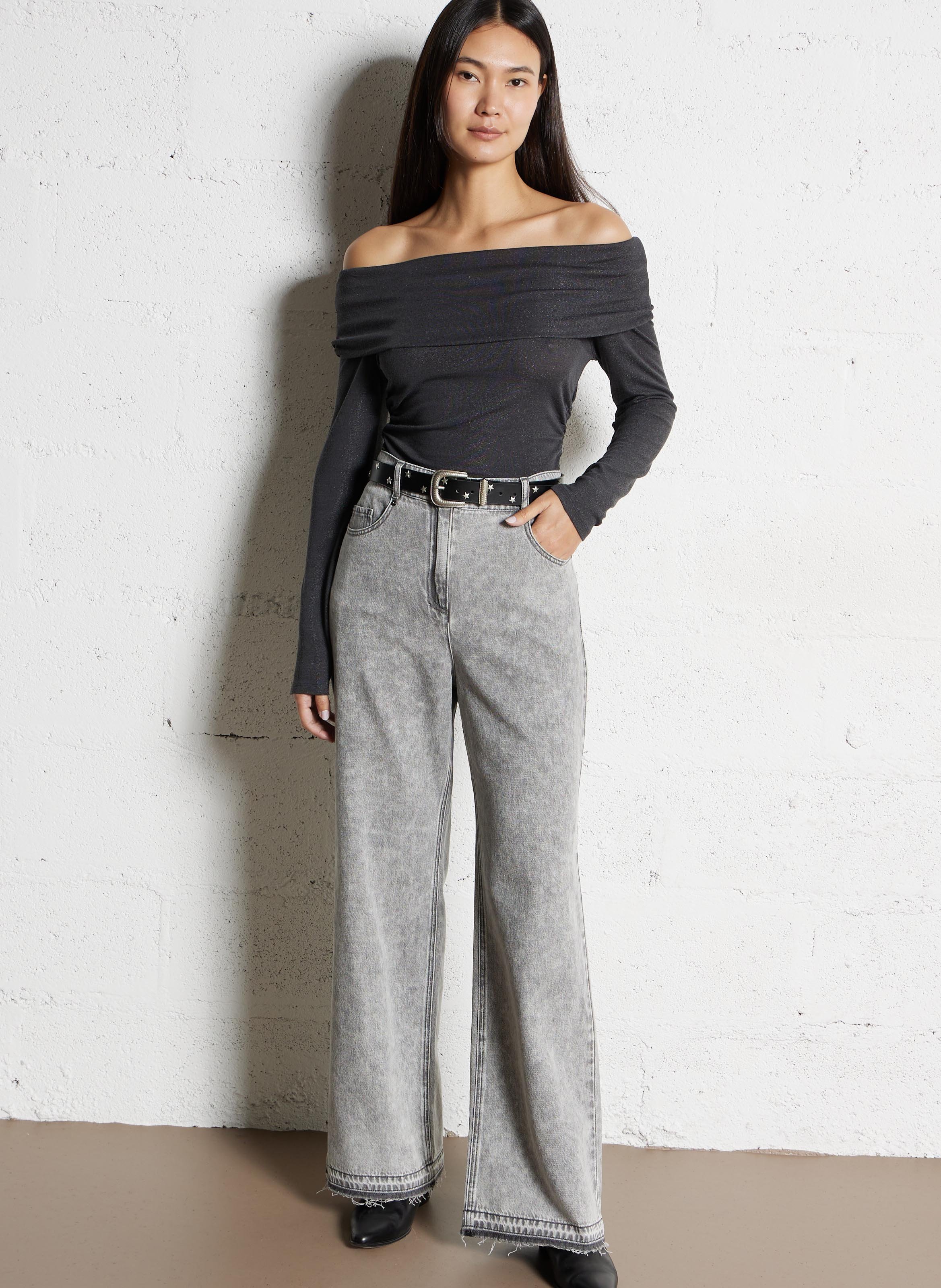 Top ajusté col bénitier en maille pailletée IKKS Gris