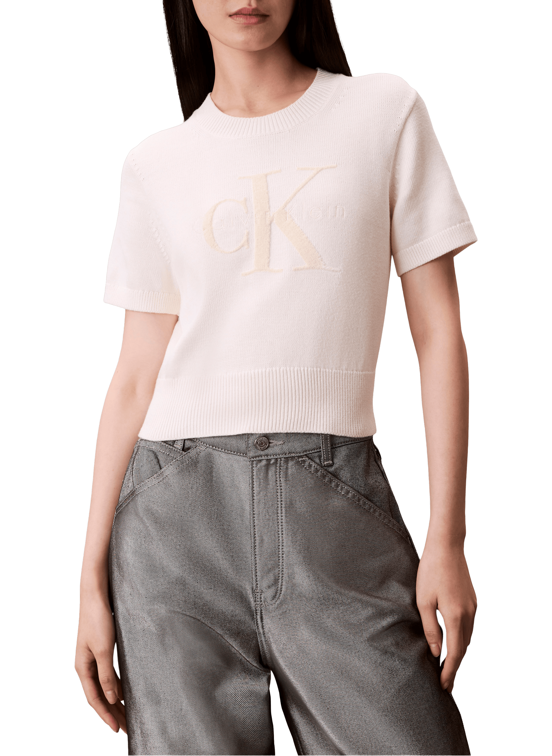 Pull manches courtes à logo en coton CALVIN KLEIN Beige