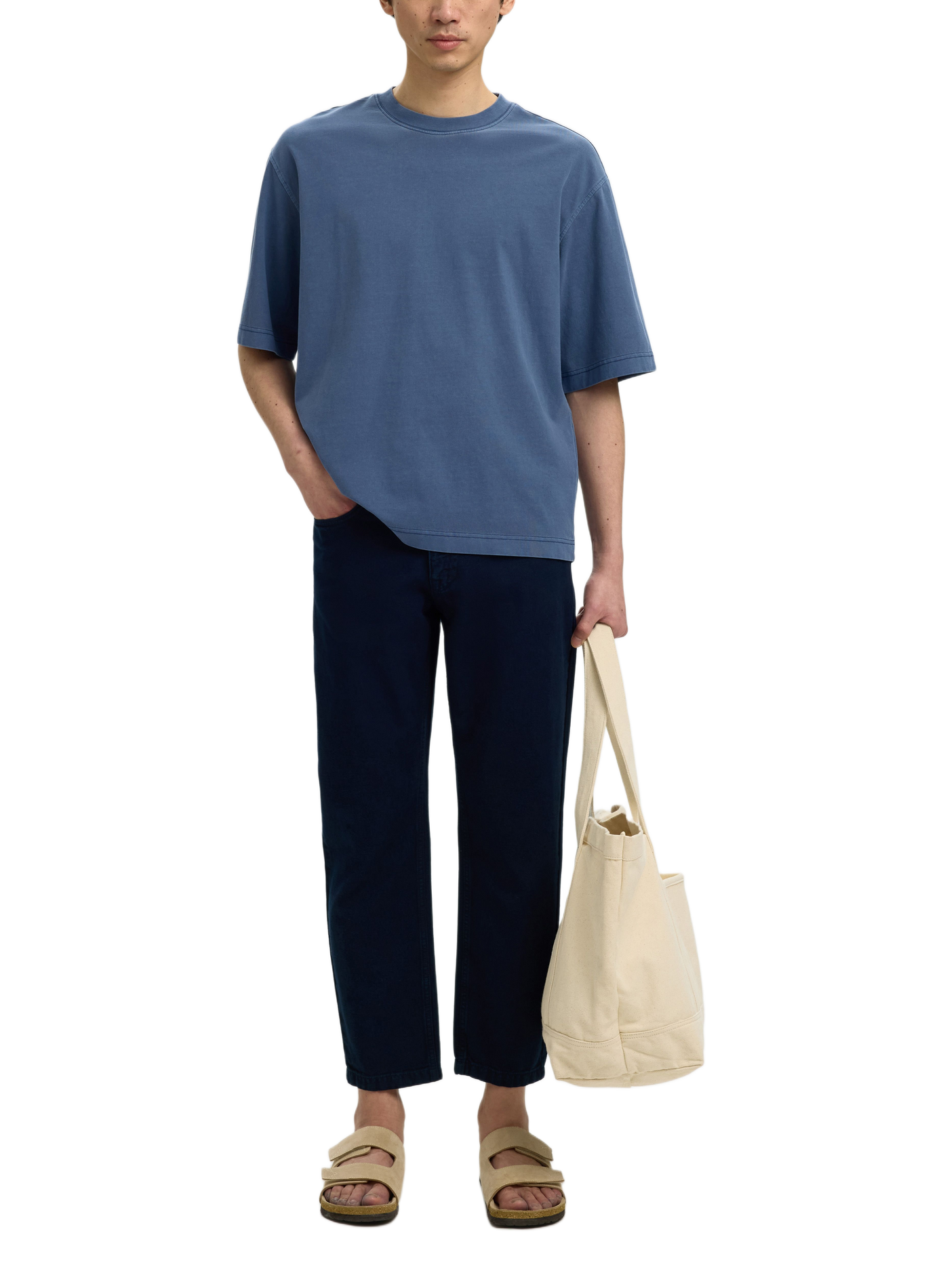 Oversized round neck cotton t-shirt SELECTED Blue