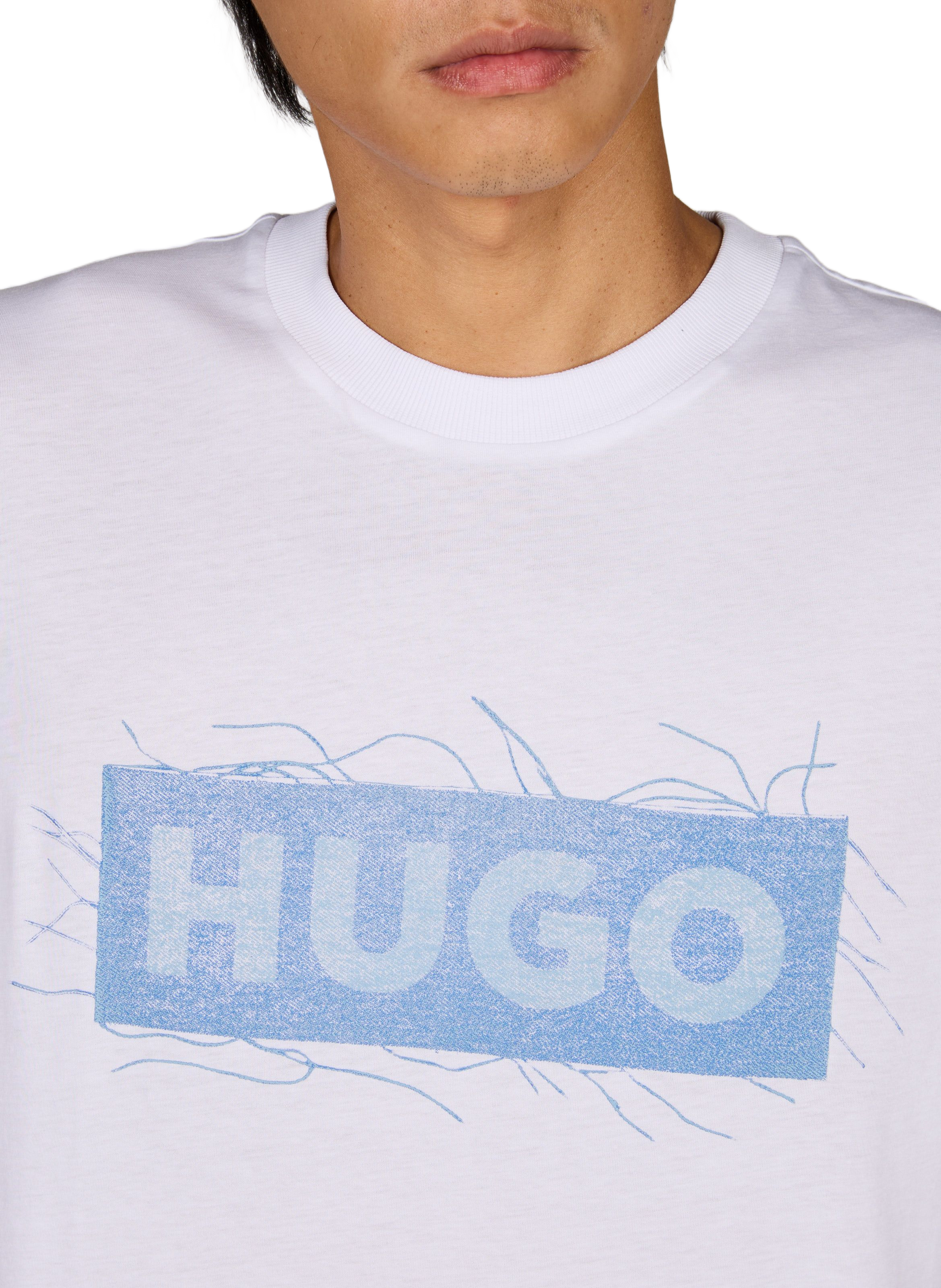 Straight fit round neck printed cotton T-shirt HUGO BLUE White
