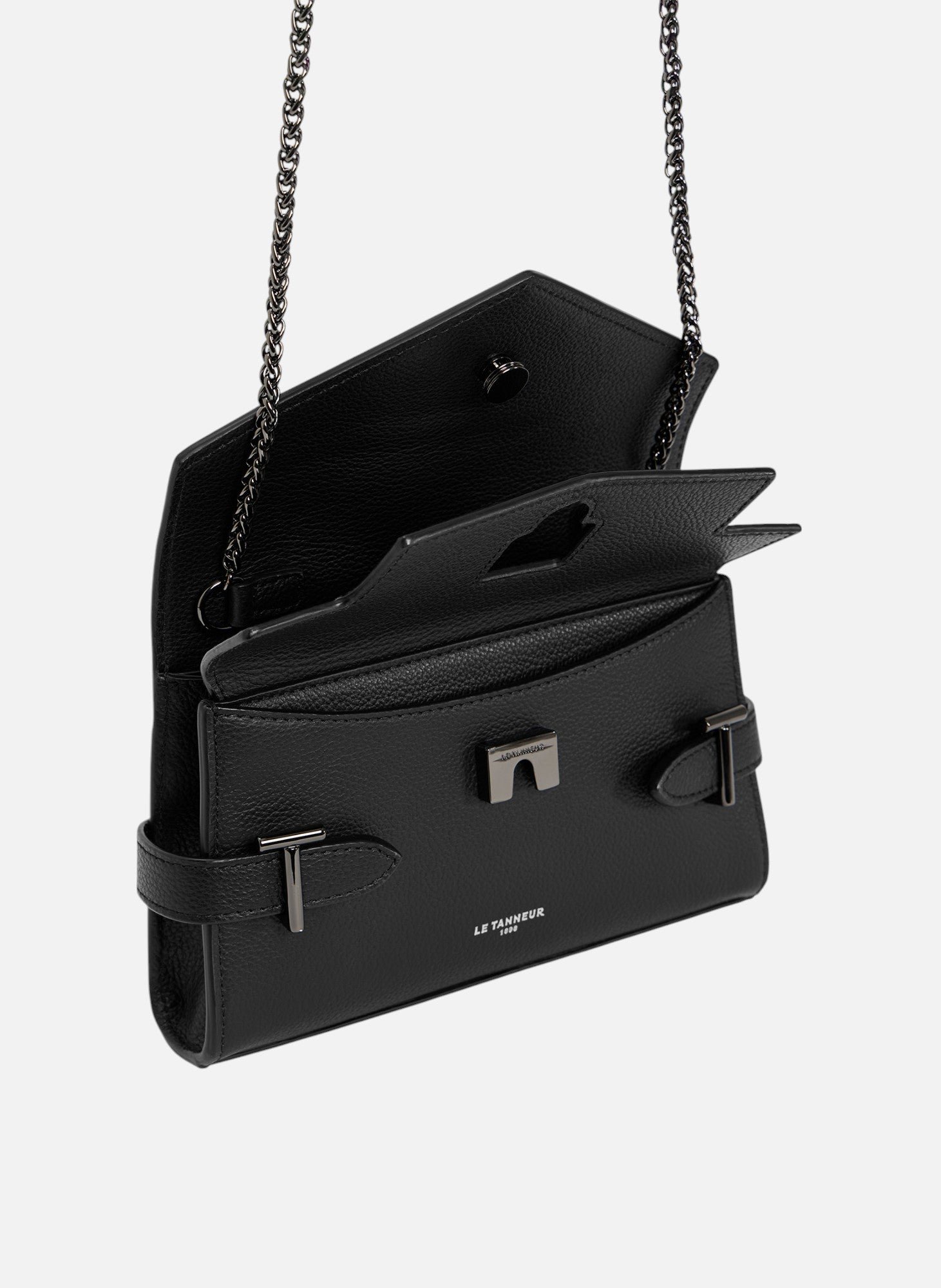 Sac pochette avec bandoulière double rabat emilie en cuir grainé LE TANNEUR Noir