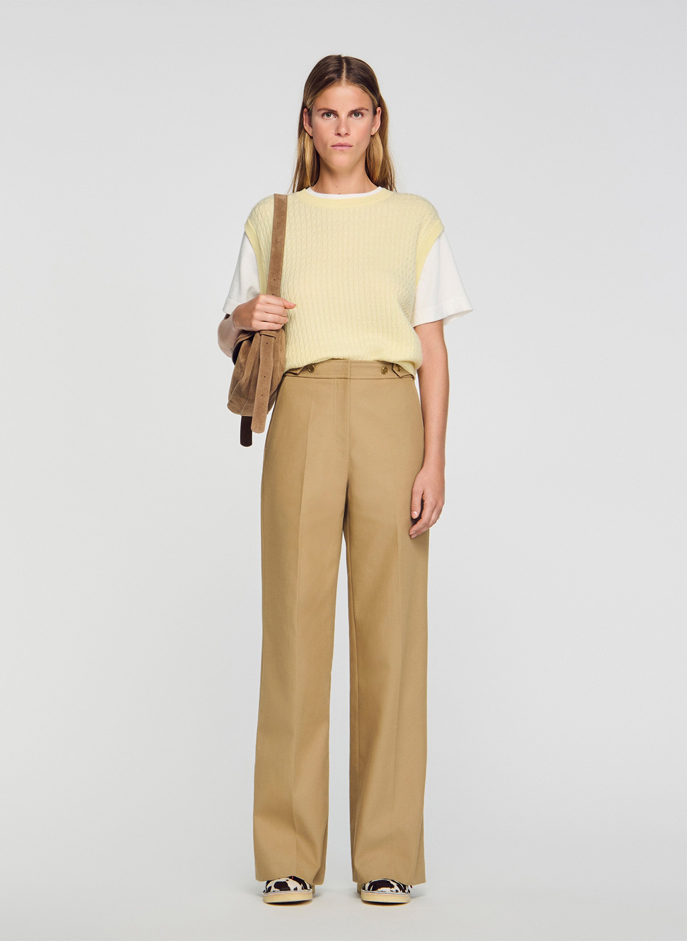 Pantalon large de tailleur en coton SANDRO Beige