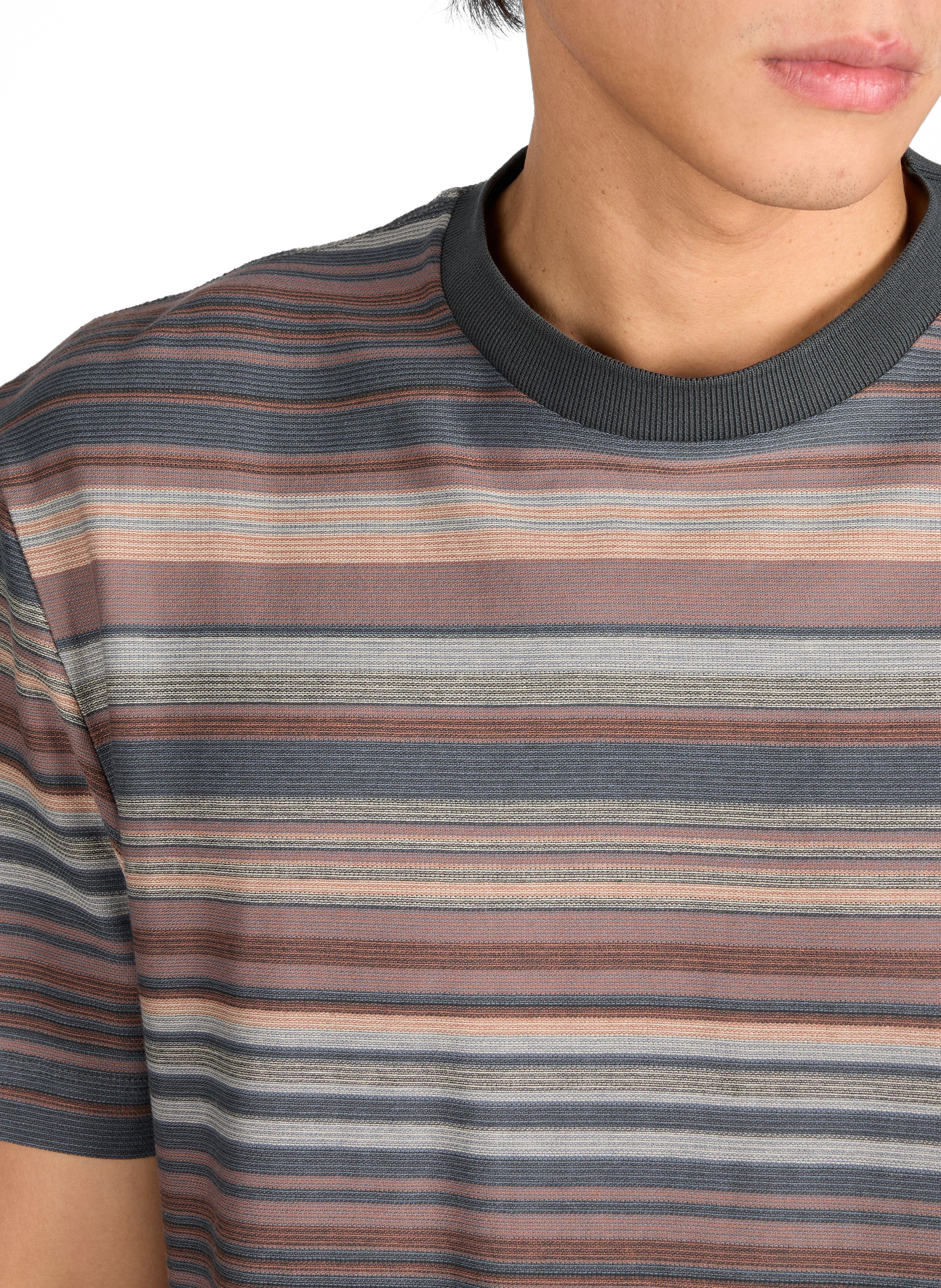 Straight Striped Short-Sleeve Cotton Blend T-Shirt Grey