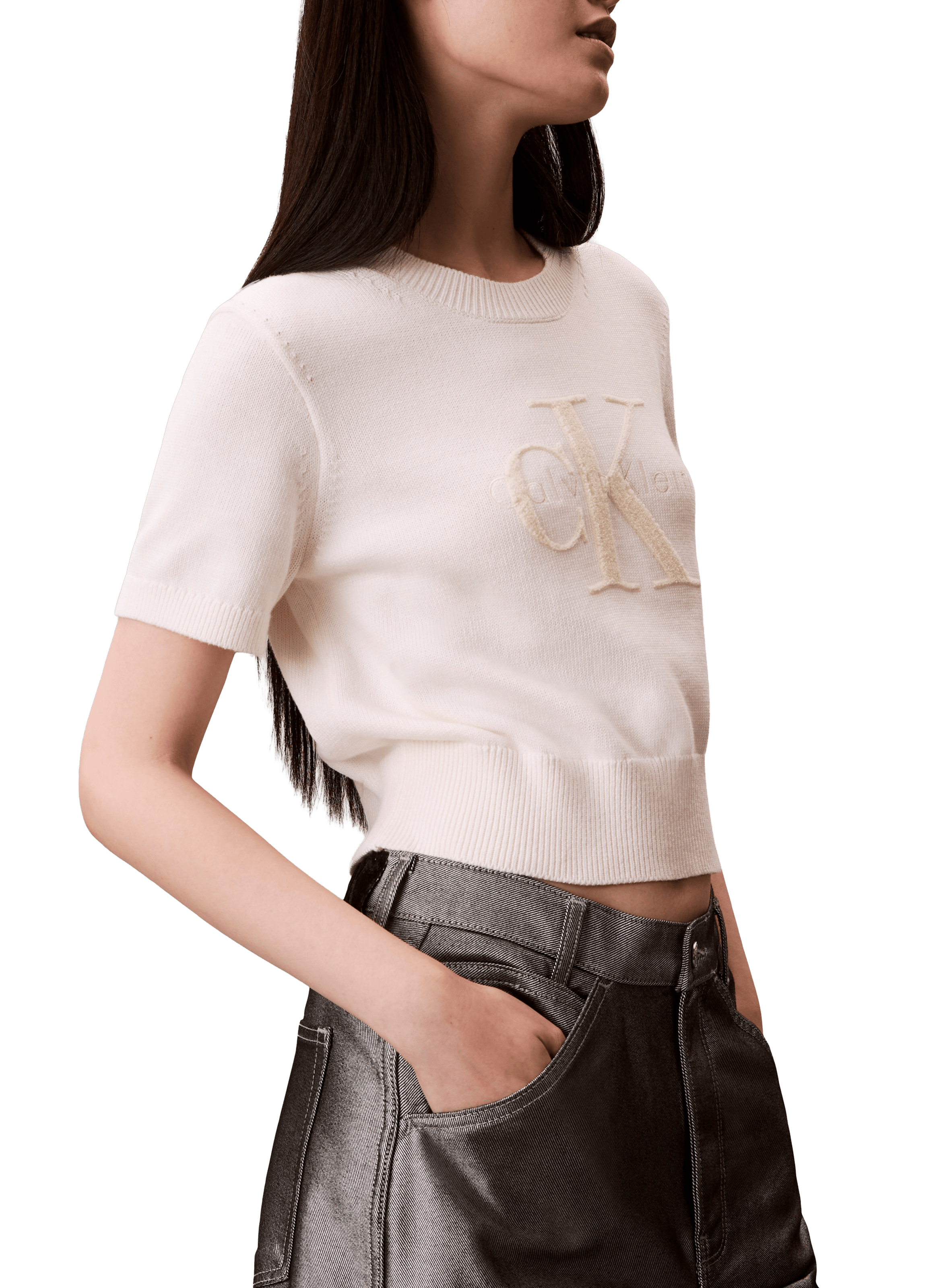 Pull manches courtes à logo en coton CALVIN KLEIN Beige