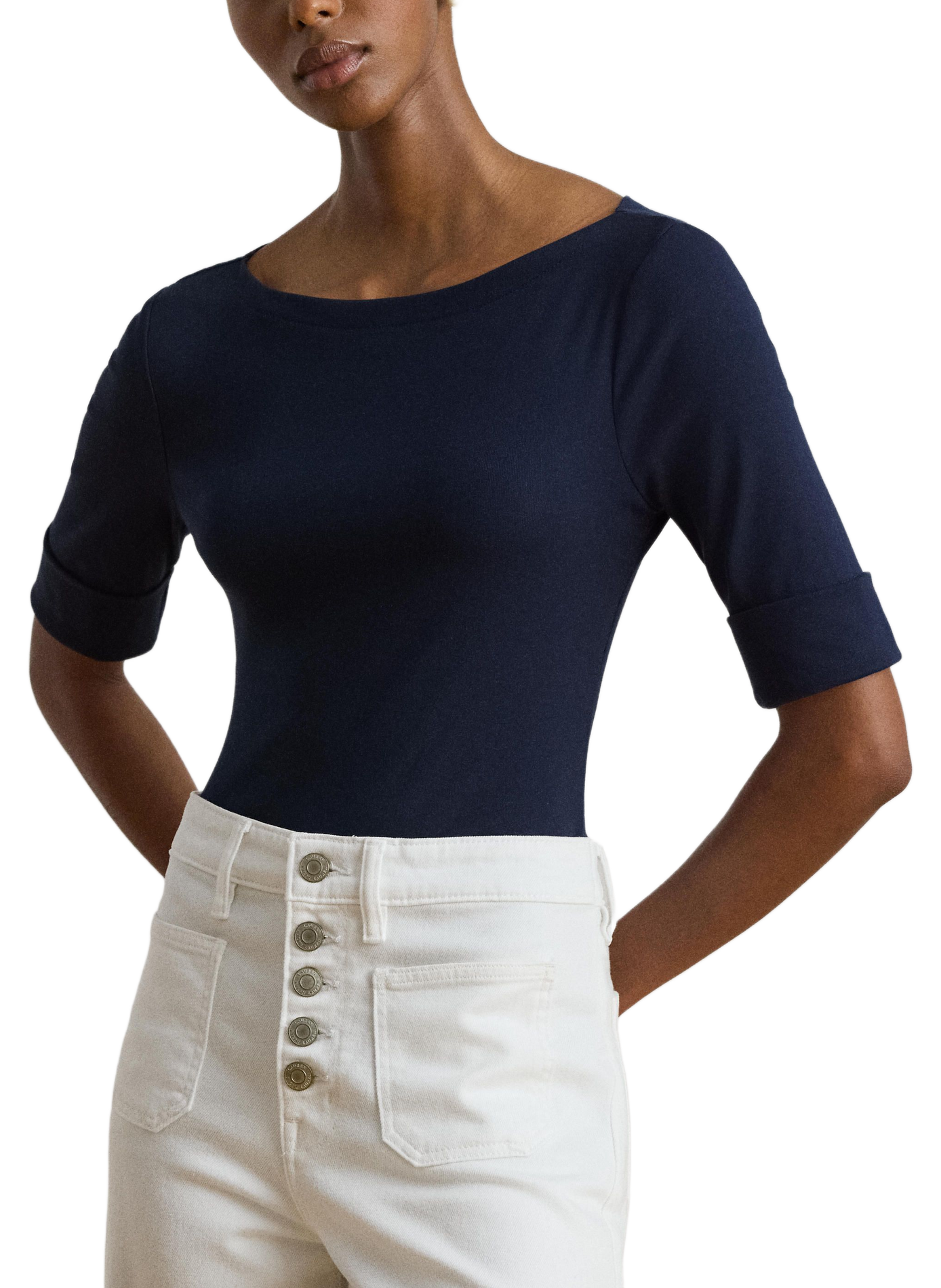 Cotton blend boat neck top LAUREN Blue