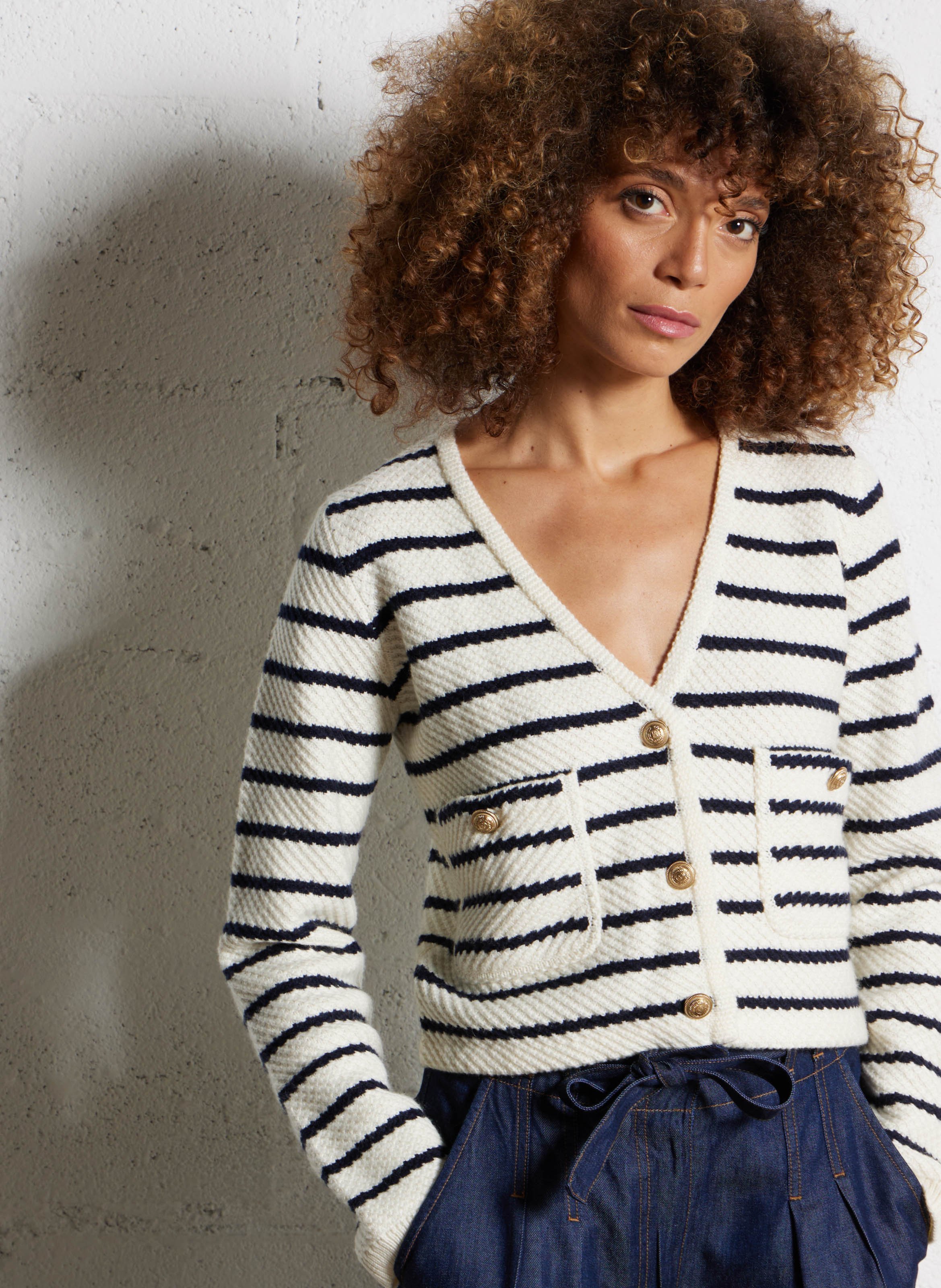 Cardigan droit col v à rayures IKKS Bleu