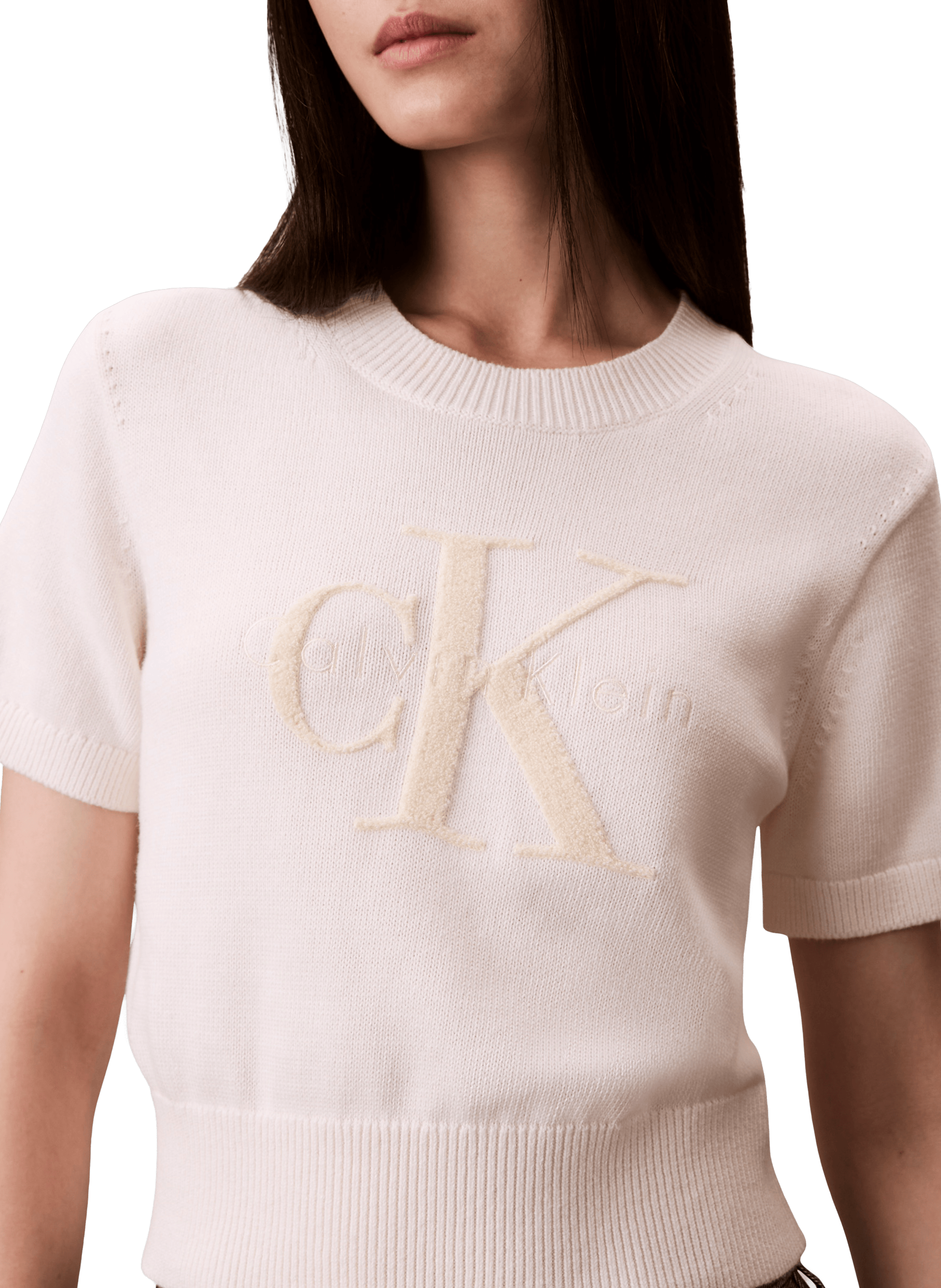 Pull manches courtes à logo en coton CALVIN KLEIN Beige