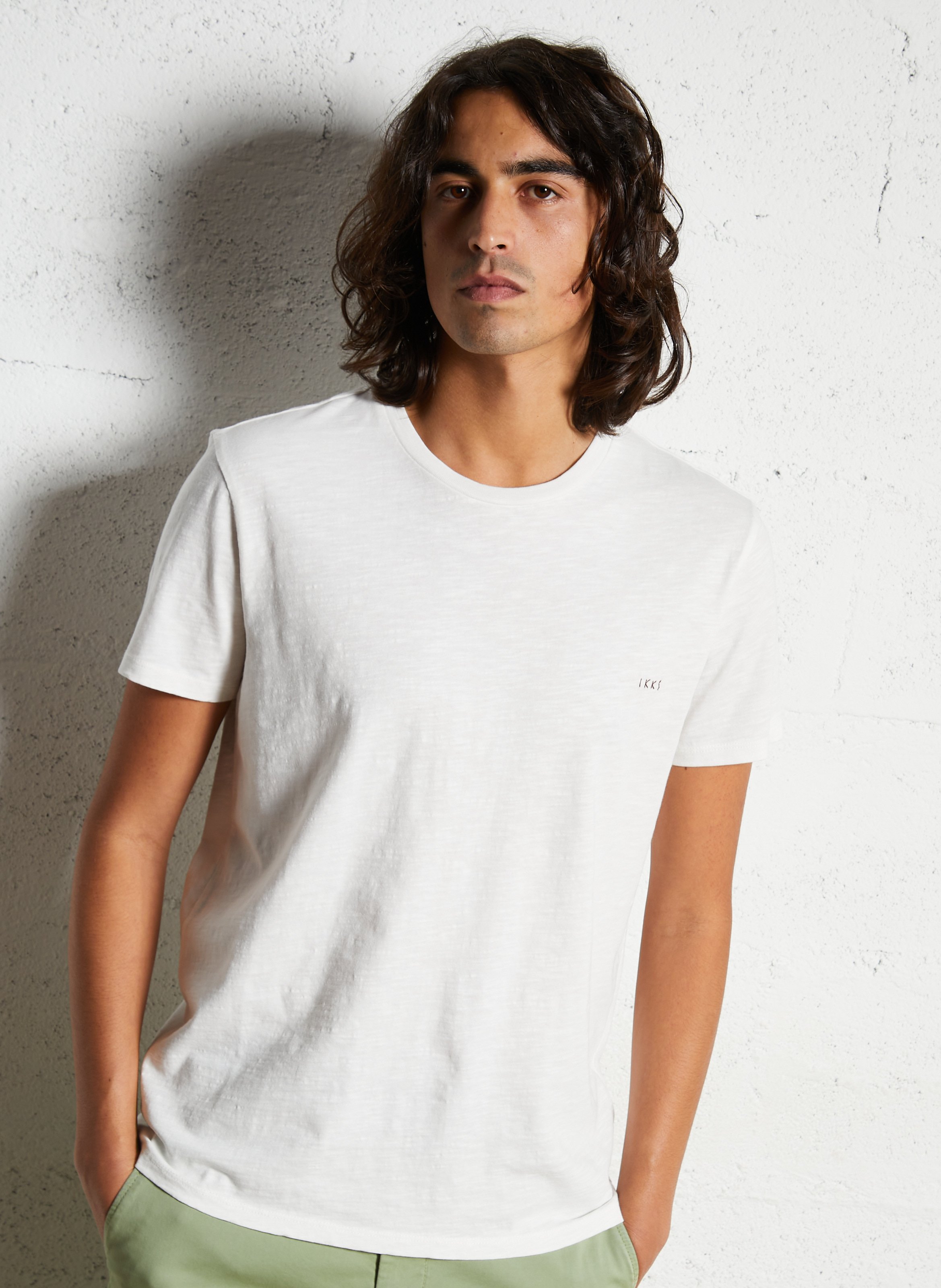 Tee-shirt droit col rond brodé en coton IKKS Blanc