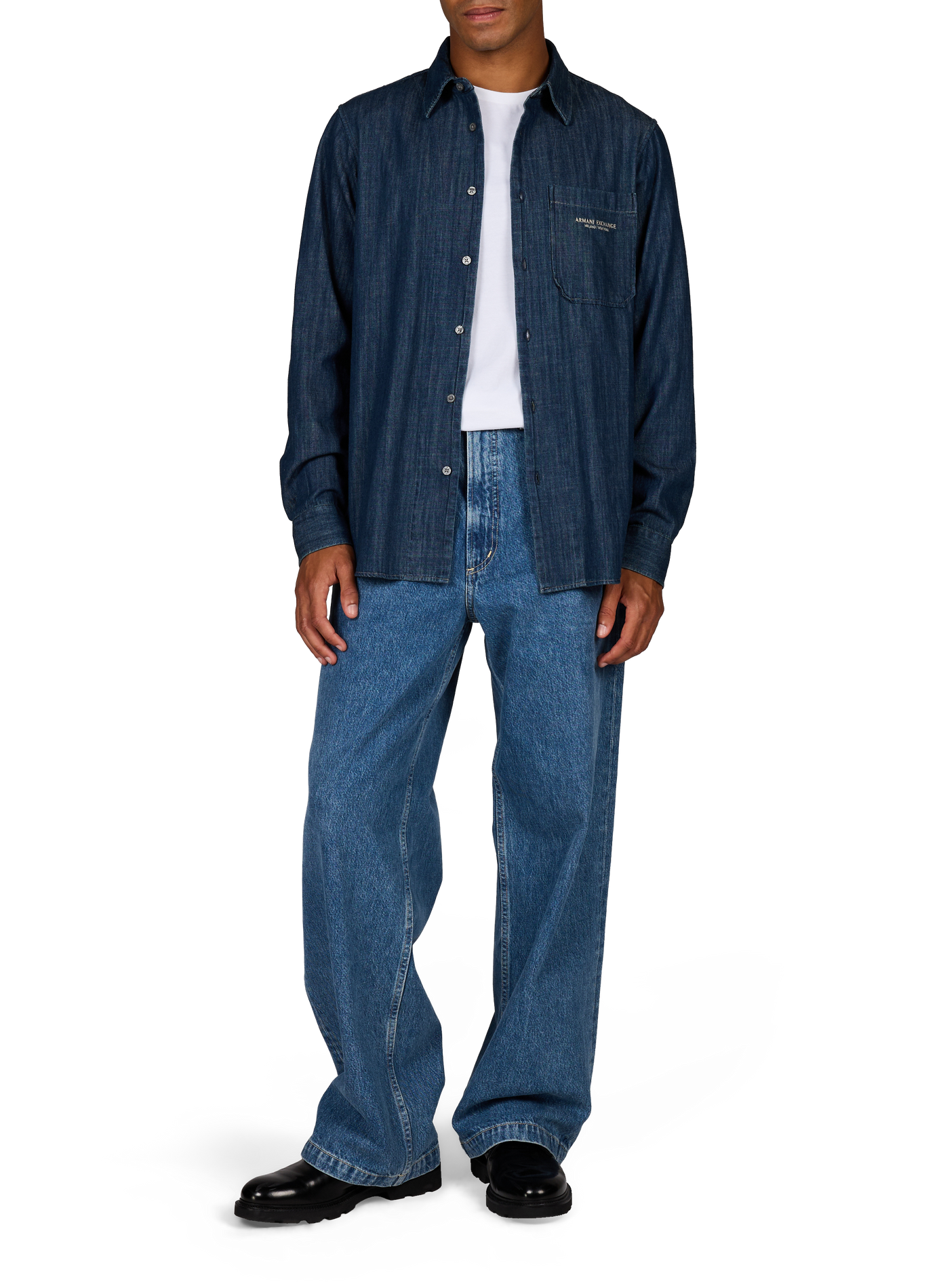 Chemise jean col classique en coton ARMANI EXCHANGE Bleu