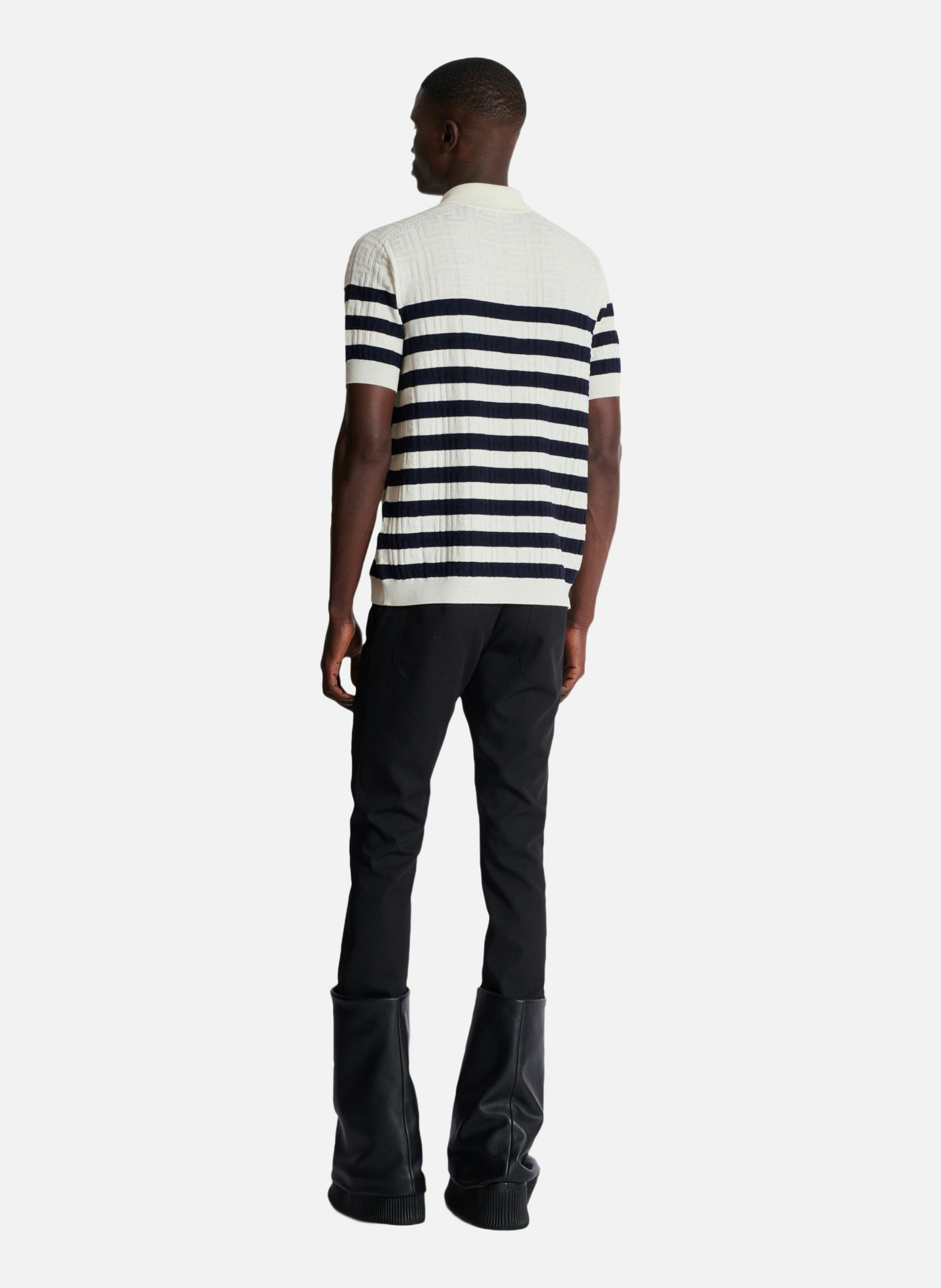 Polo marinière en maille à monogramme BALMAIN Blanc