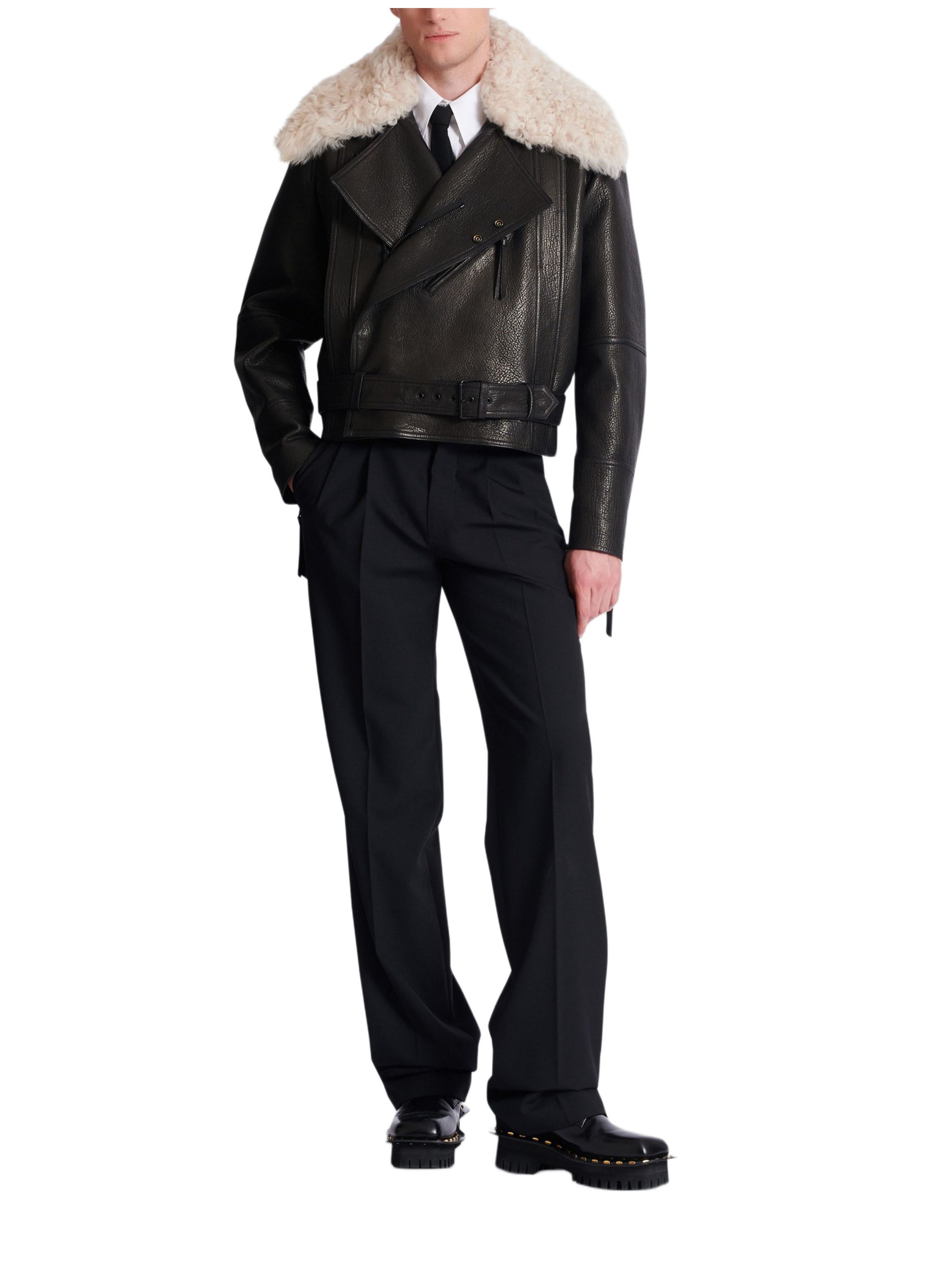 Blouson en cuir avec col en mouton BALMAIN Noir