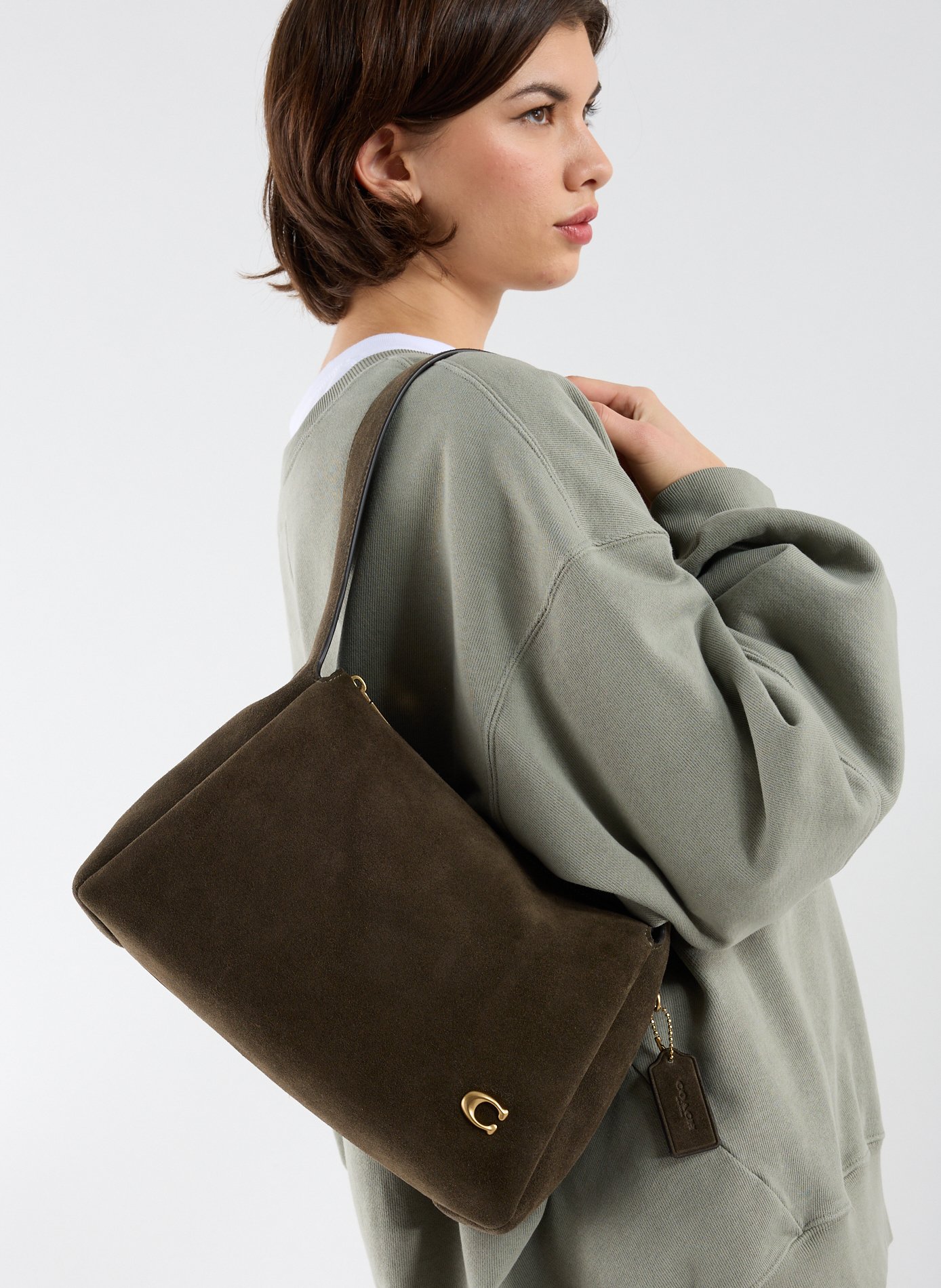 Sac porté épaule en cuir de vache suédé COACH Vert