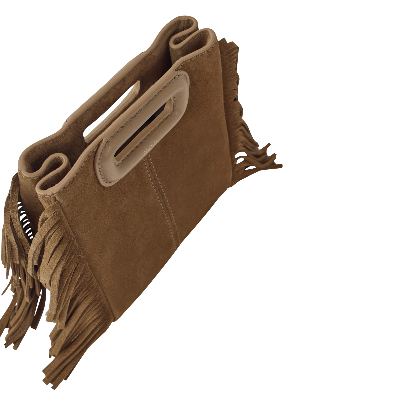 Sac bandoulière à franges en cuir velours m mini MAJE Marron