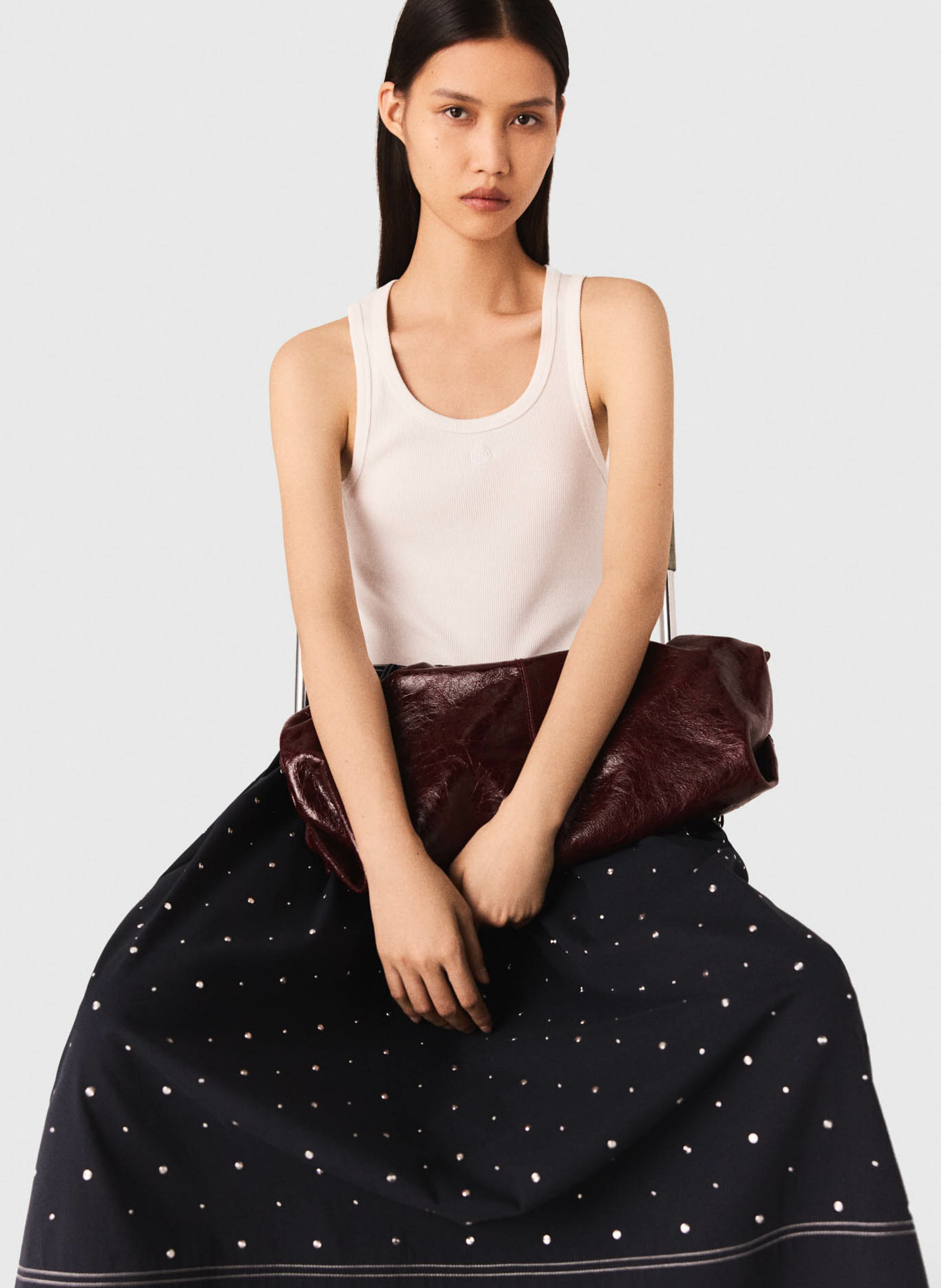 Débardeur droit col rond en coton côtelé MAJE Blanc