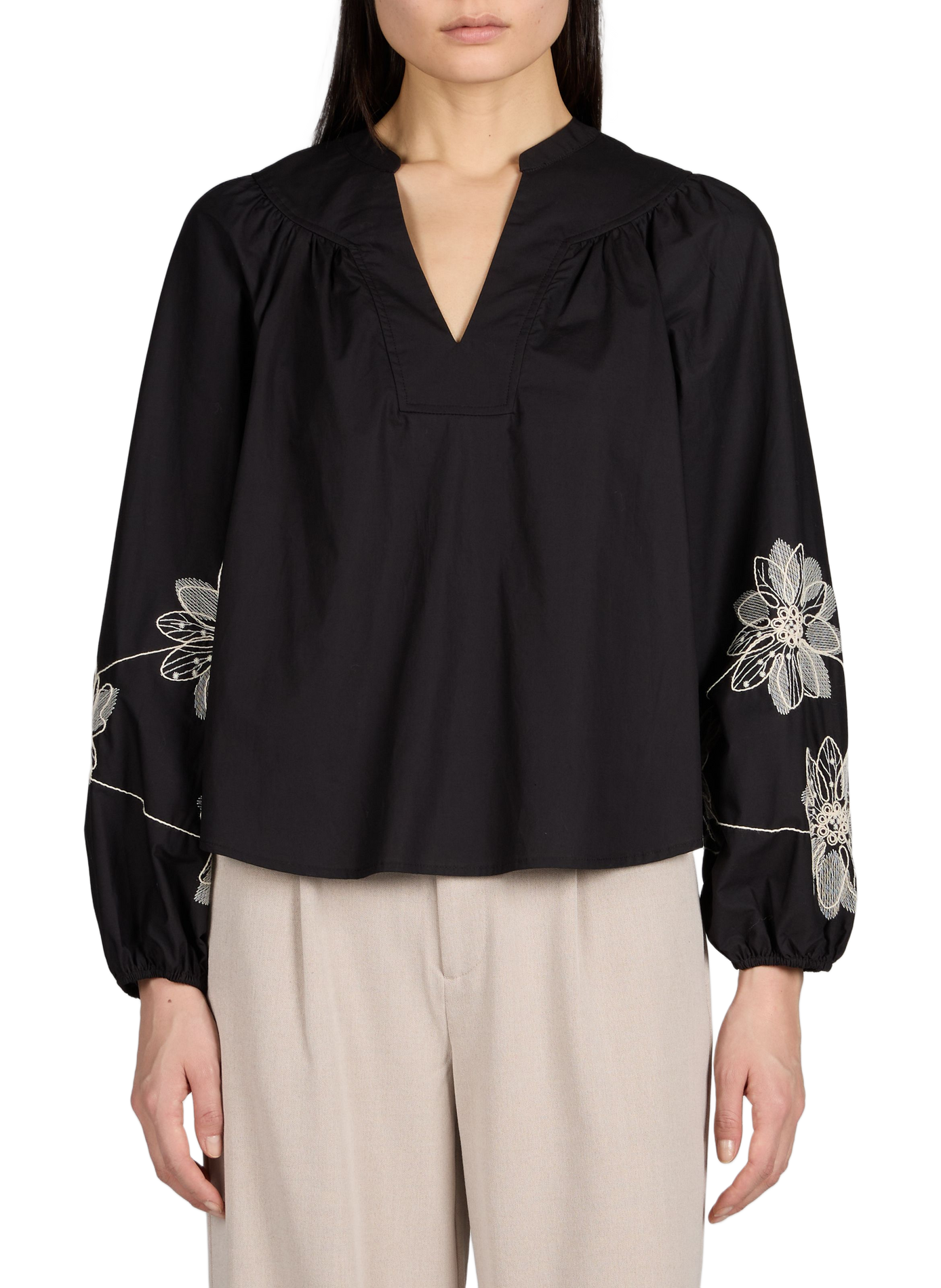 Blouse Objmerle fleurs brodées en coton OBJECT Noir