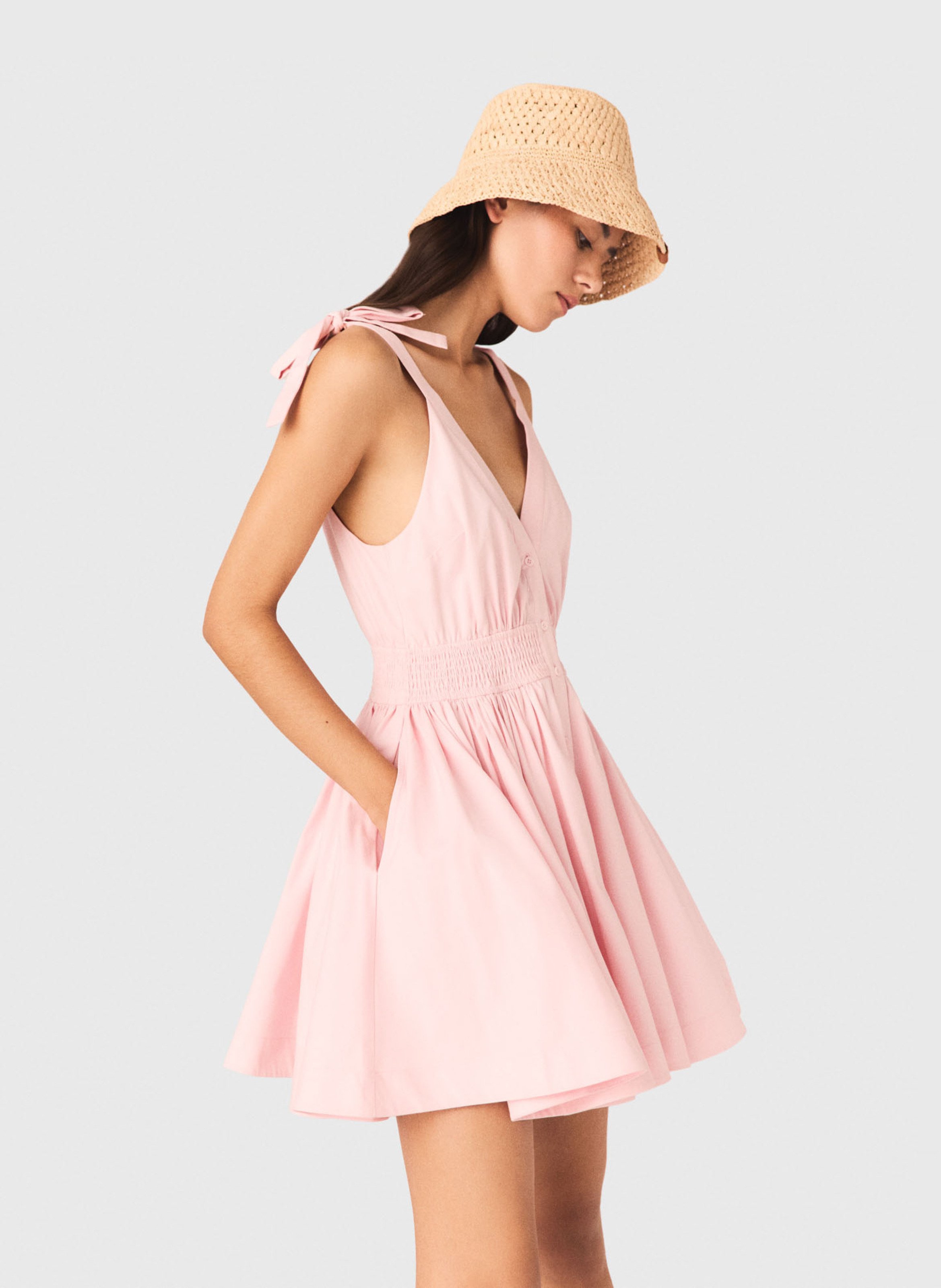 Robe courte à bretelles plissée unie Rose
