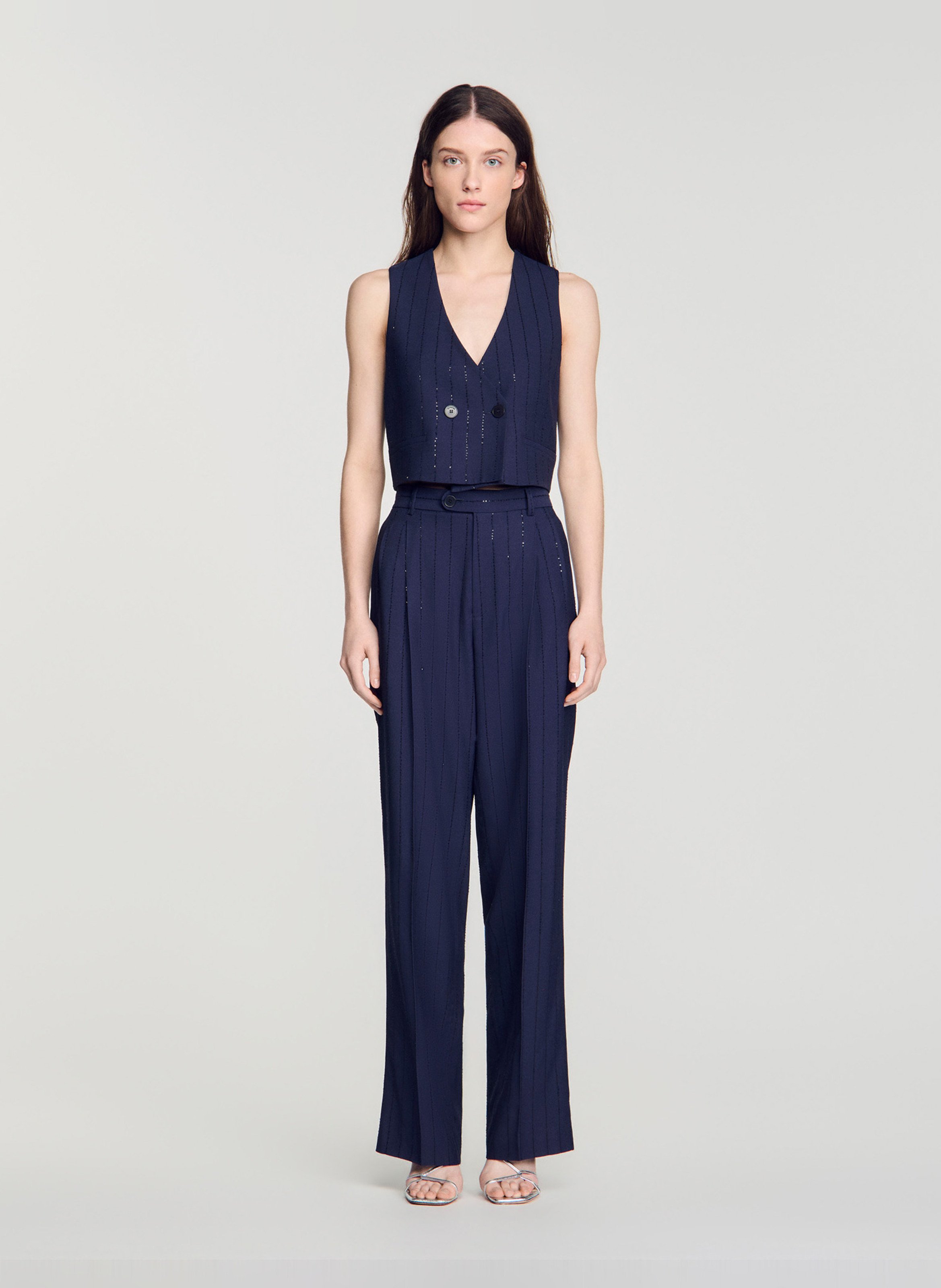 Pantalon tailleur à rayures strass SANDRO Bleu