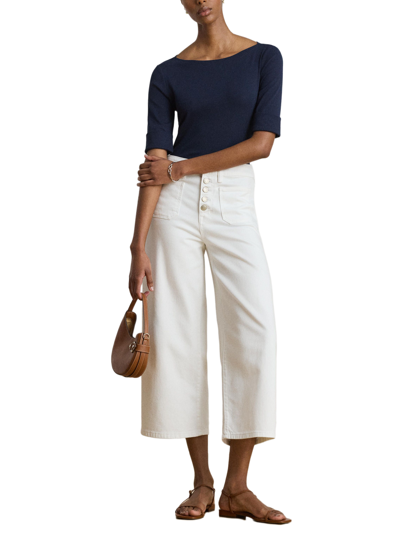 Cotton blend boat neck top LAUREN Blue