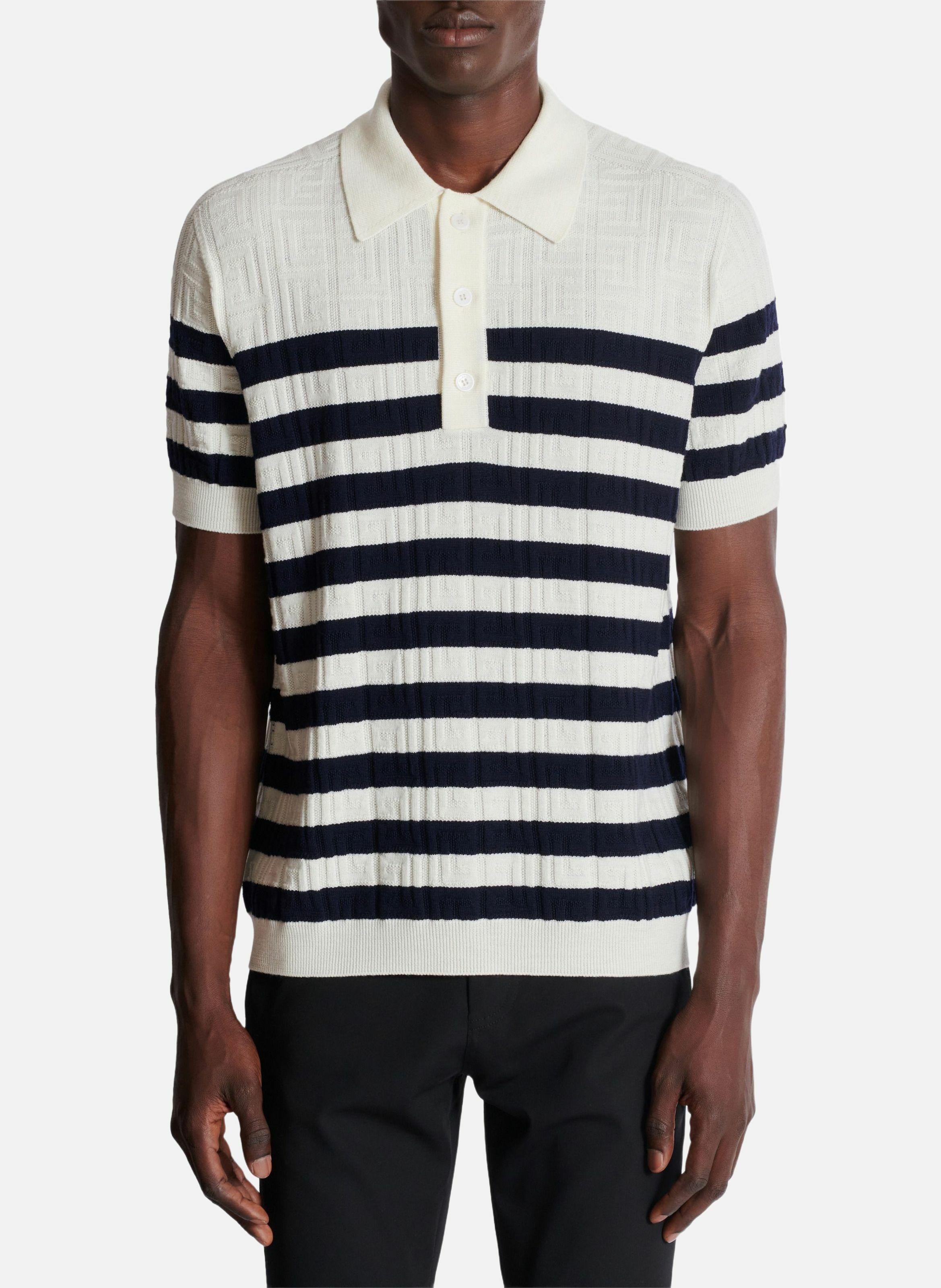 Polo marinière en maille à monogramme BALMAIN Blanc