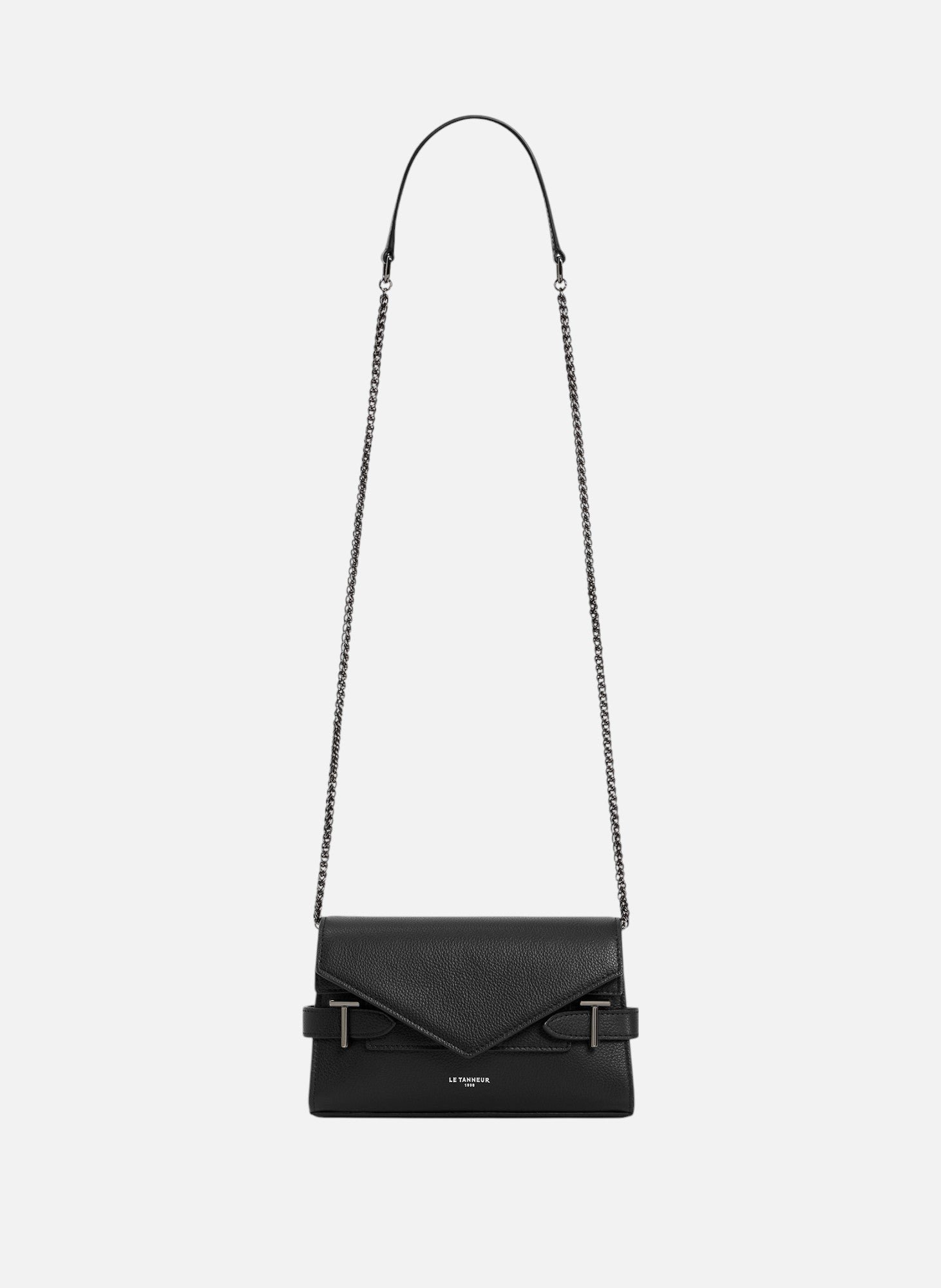 Sac pochette avec bandoulière double rabat emilie en cuir grainé LE TANNEUR Noir