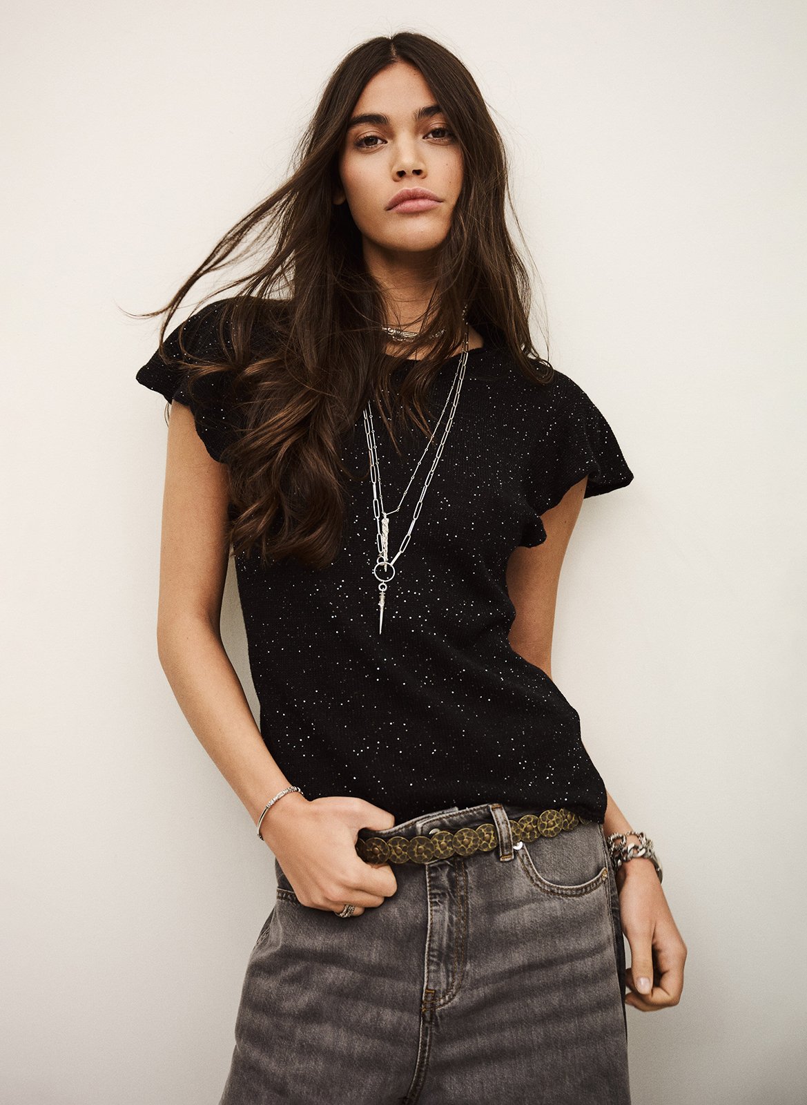 Top droit col rond en maille bichara BA&SH Noir