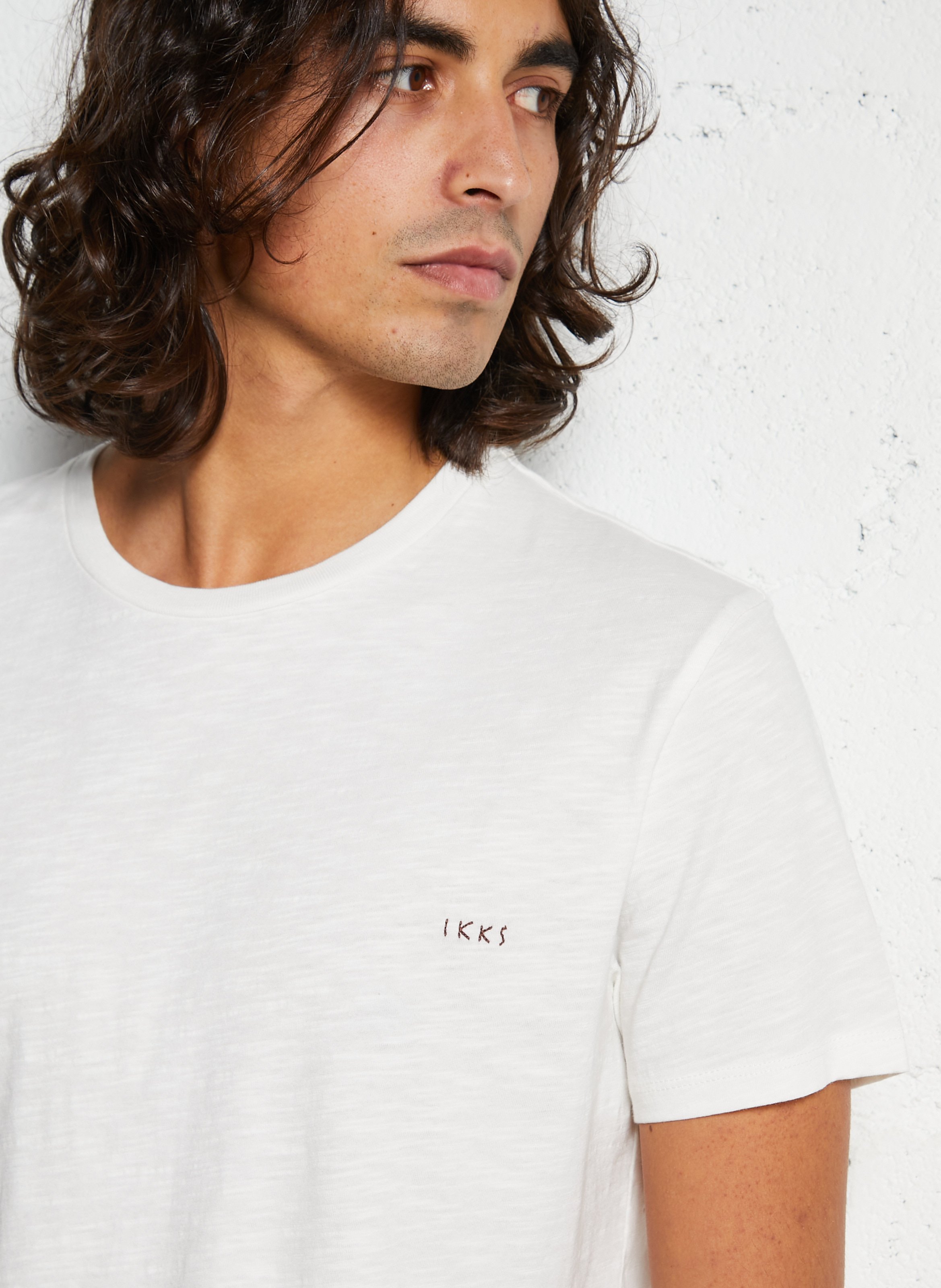 Tee-shirt droit col rond brodé en coton IKKS Blanc