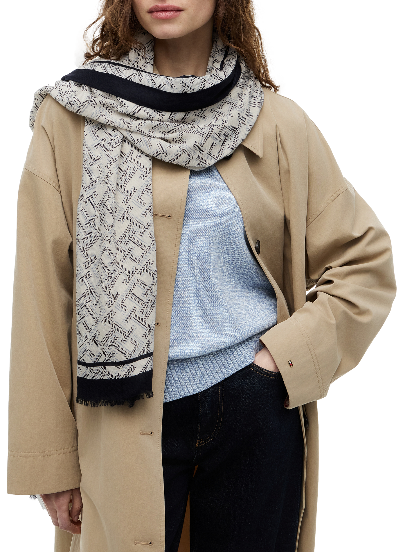 Printed scarf with frayed edges in a cotton blend TOMMY HILFIGER Blue