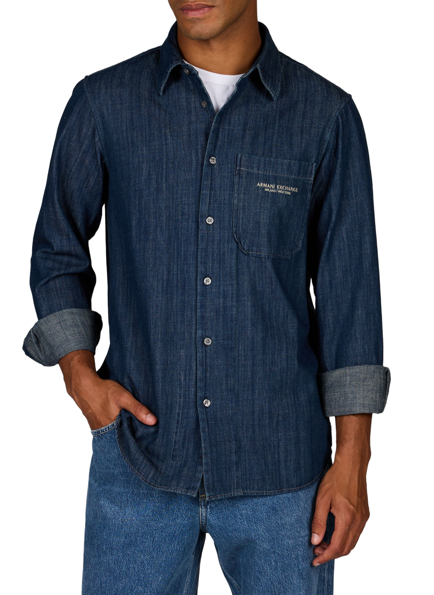 Chemise jean col classique en coton ARMANI EXCHANGE Bleu