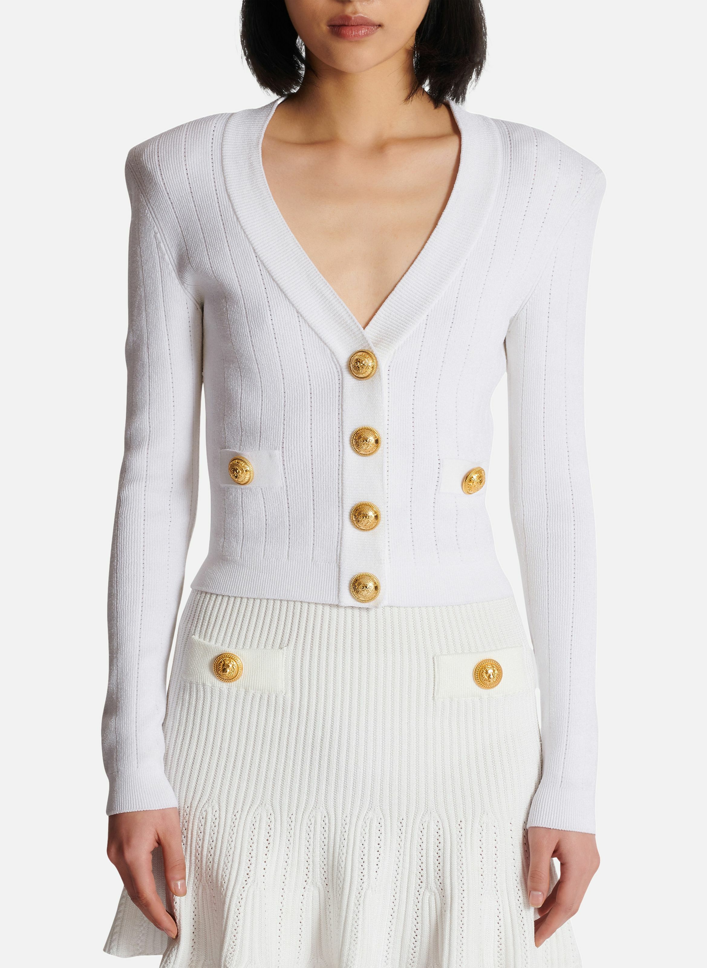 Cardigan court en maille BALMAIN Blanc