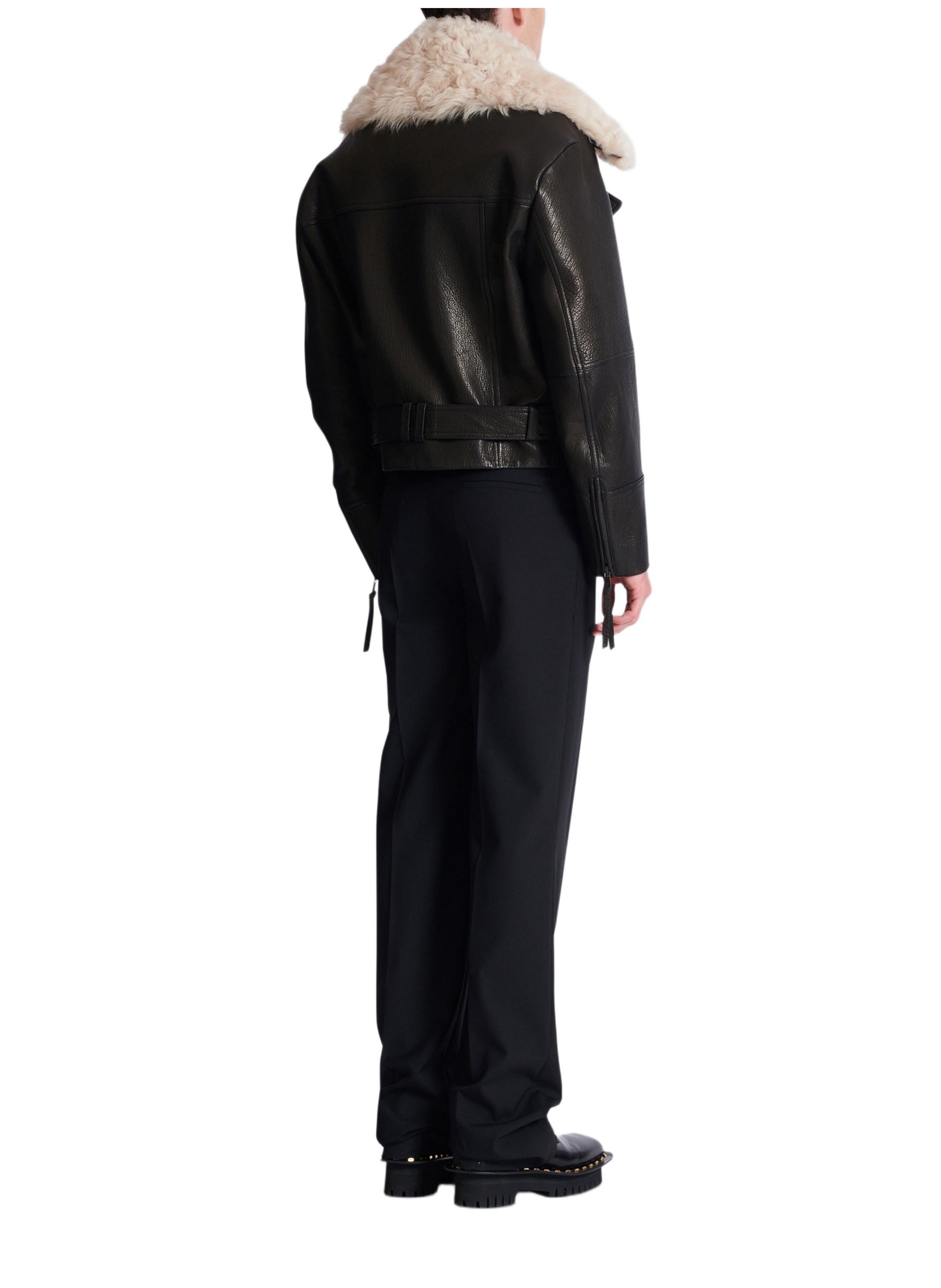 Blouson en cuir avec col en mouton BALMAIN Noir