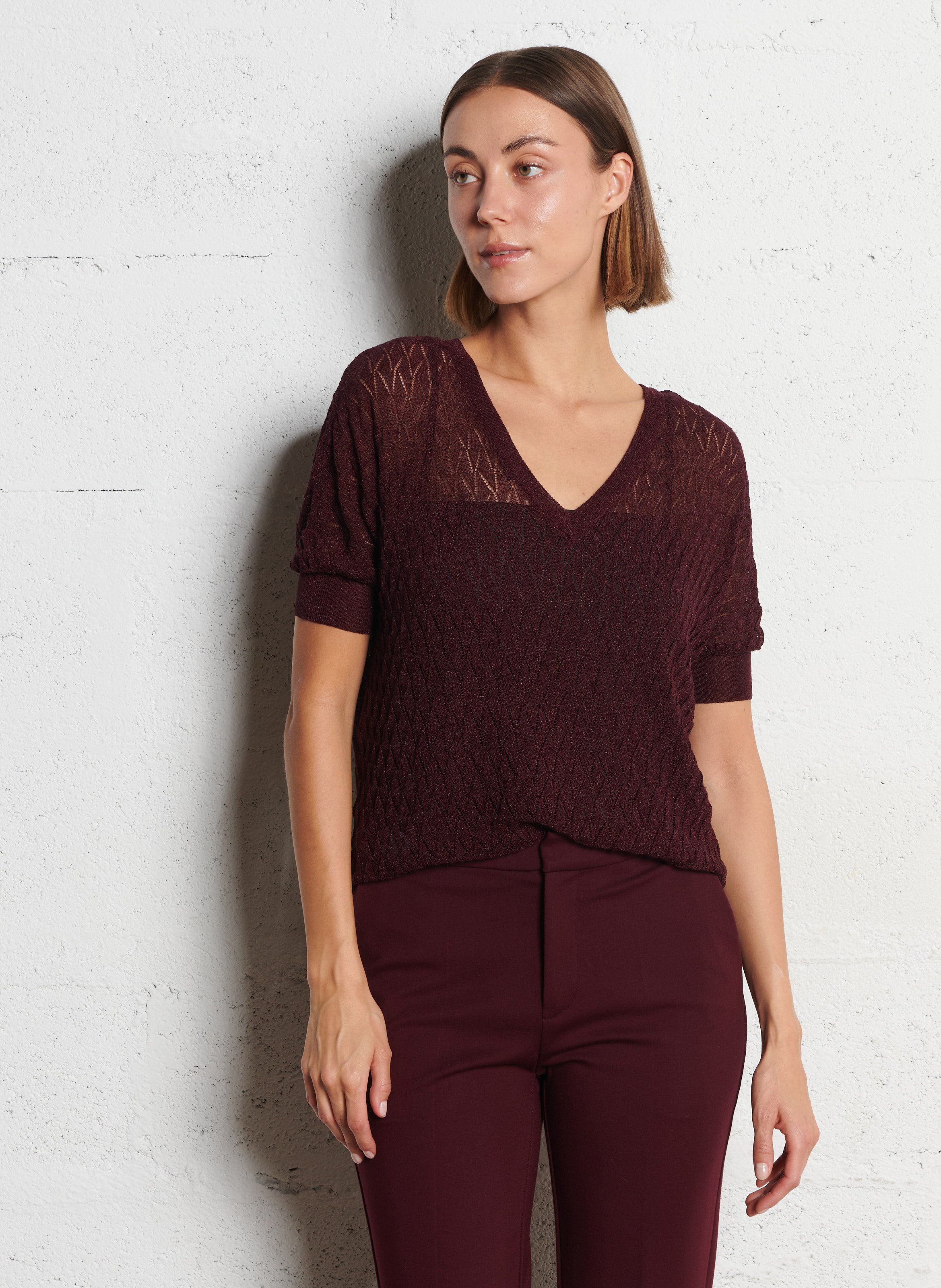 Pull devant dos droit en maille pailletée IKKS Violet