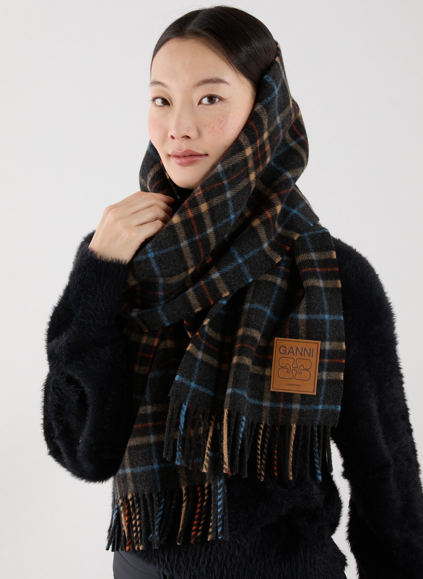 Wool check scarf GANNI Grey