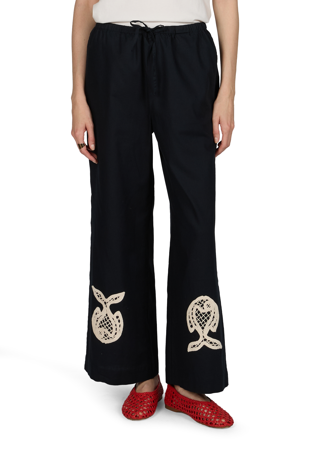 Pantalon broderies poissons en coton THINKING MU Bleu