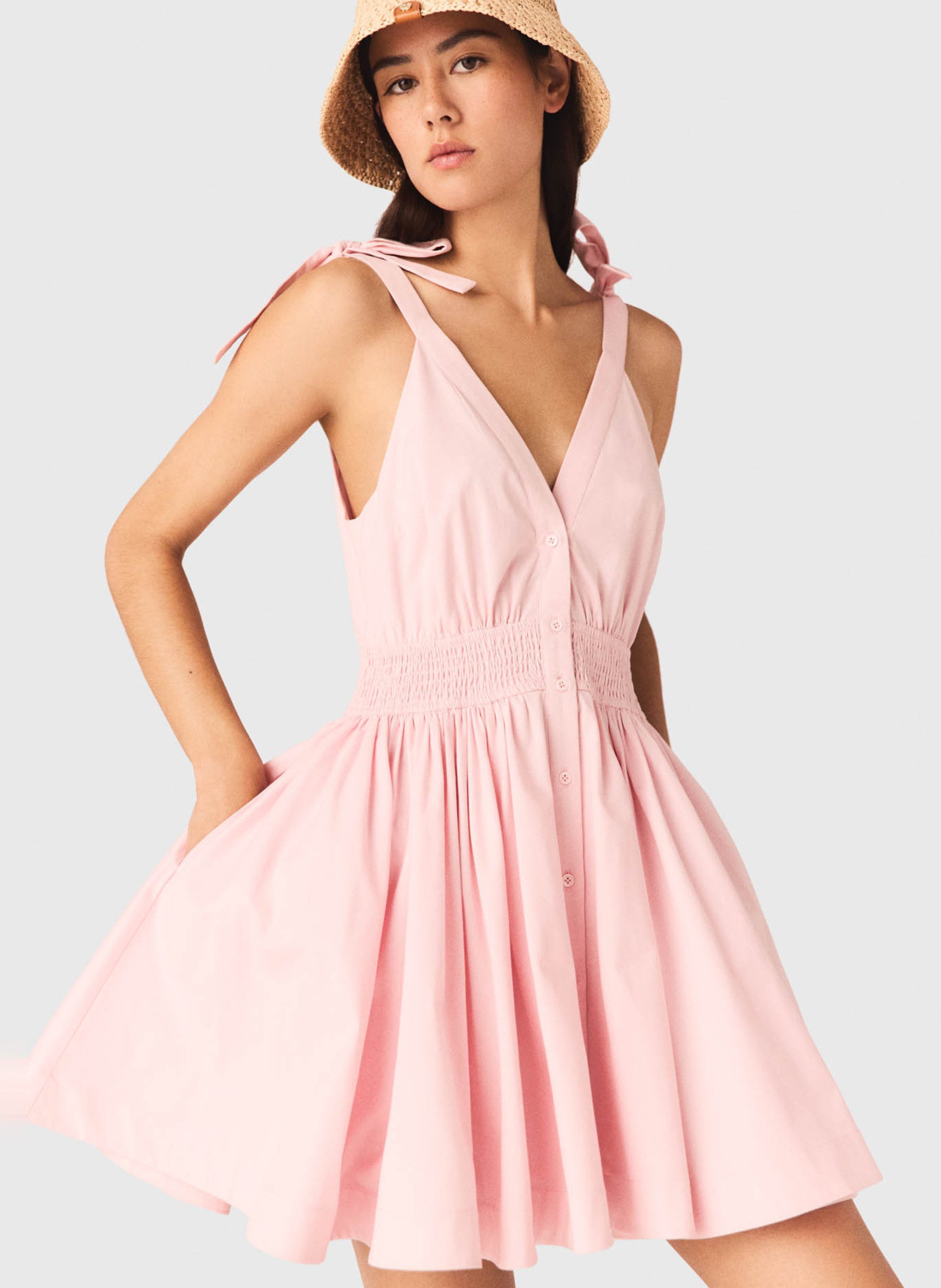Robe courte à bretelles plissée unie Rose