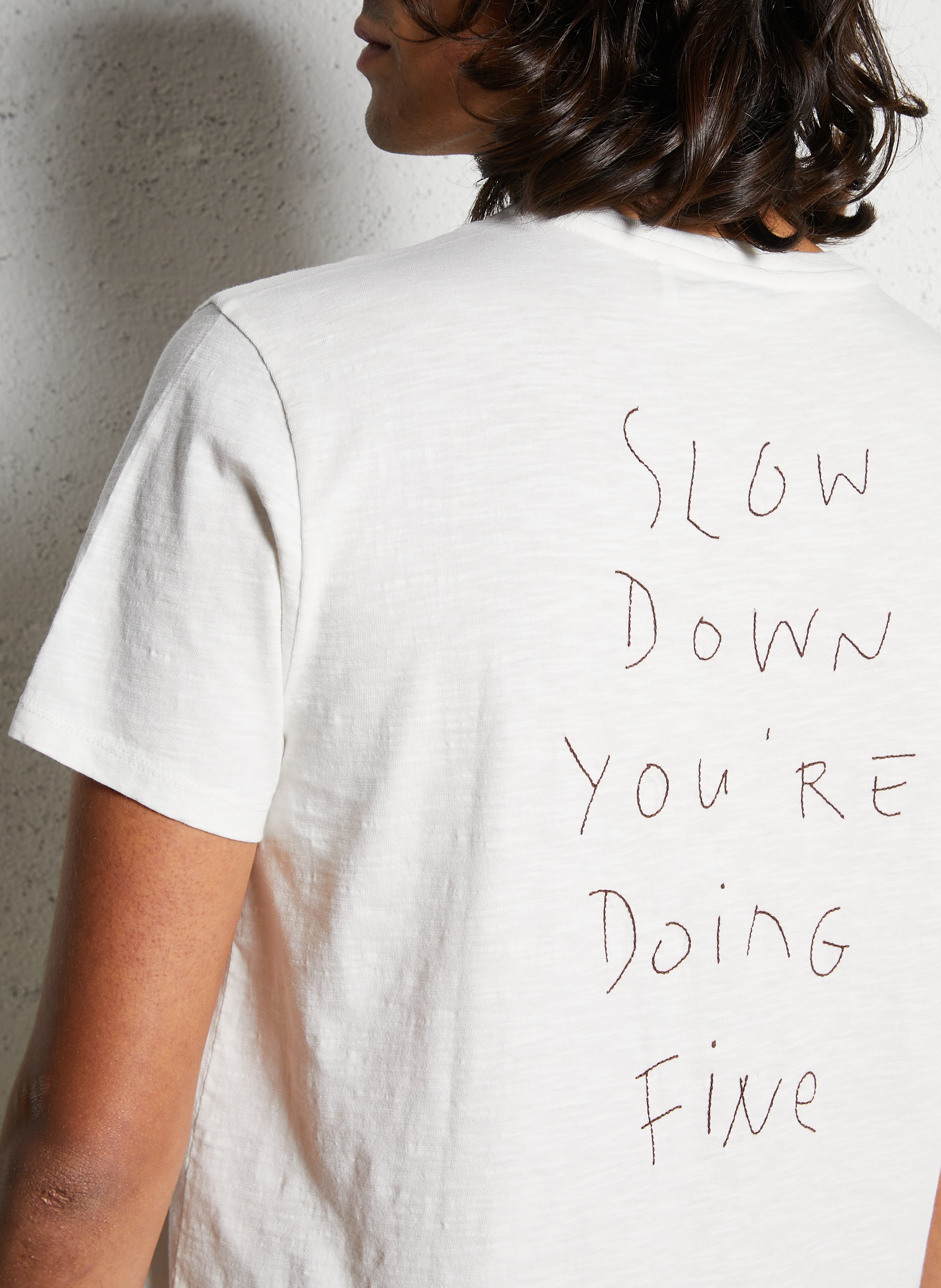 Tee-shirt droit col rond brodé en coton IKKS Blanc