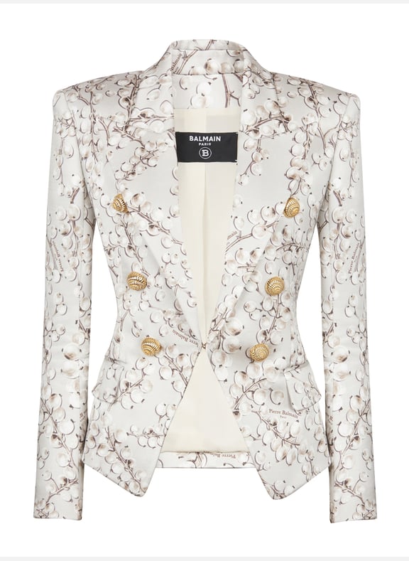 Veste 6 boutons en satin imprimé groseille Beige by BALMAIN BALMAIN Veste 6 boutons en satin imprimé groseille Beige
