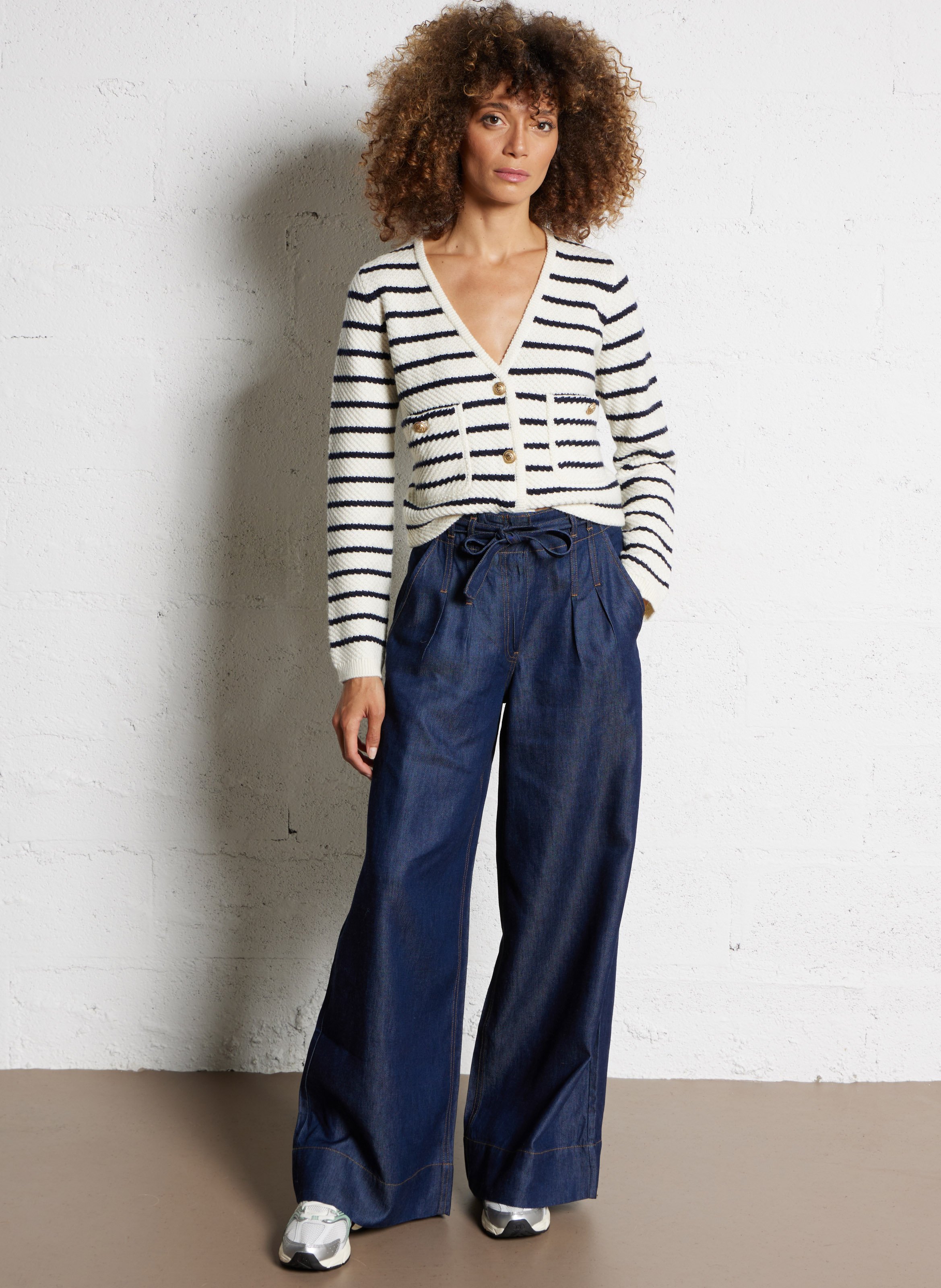 Cardigan droit col v à rayures IKKS Bleu