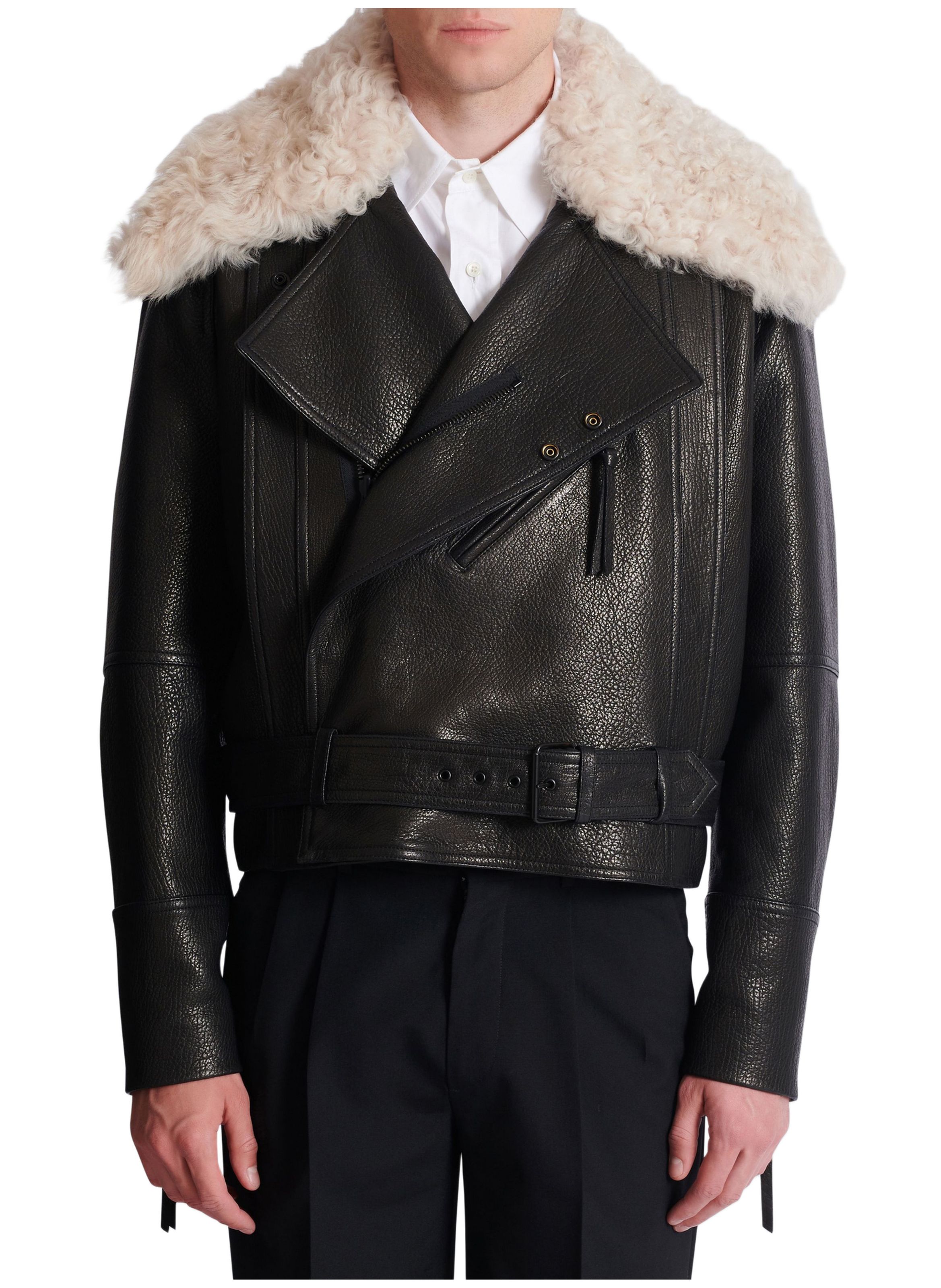 Blouson en cuir avec col en mouton BALMAIN Noir